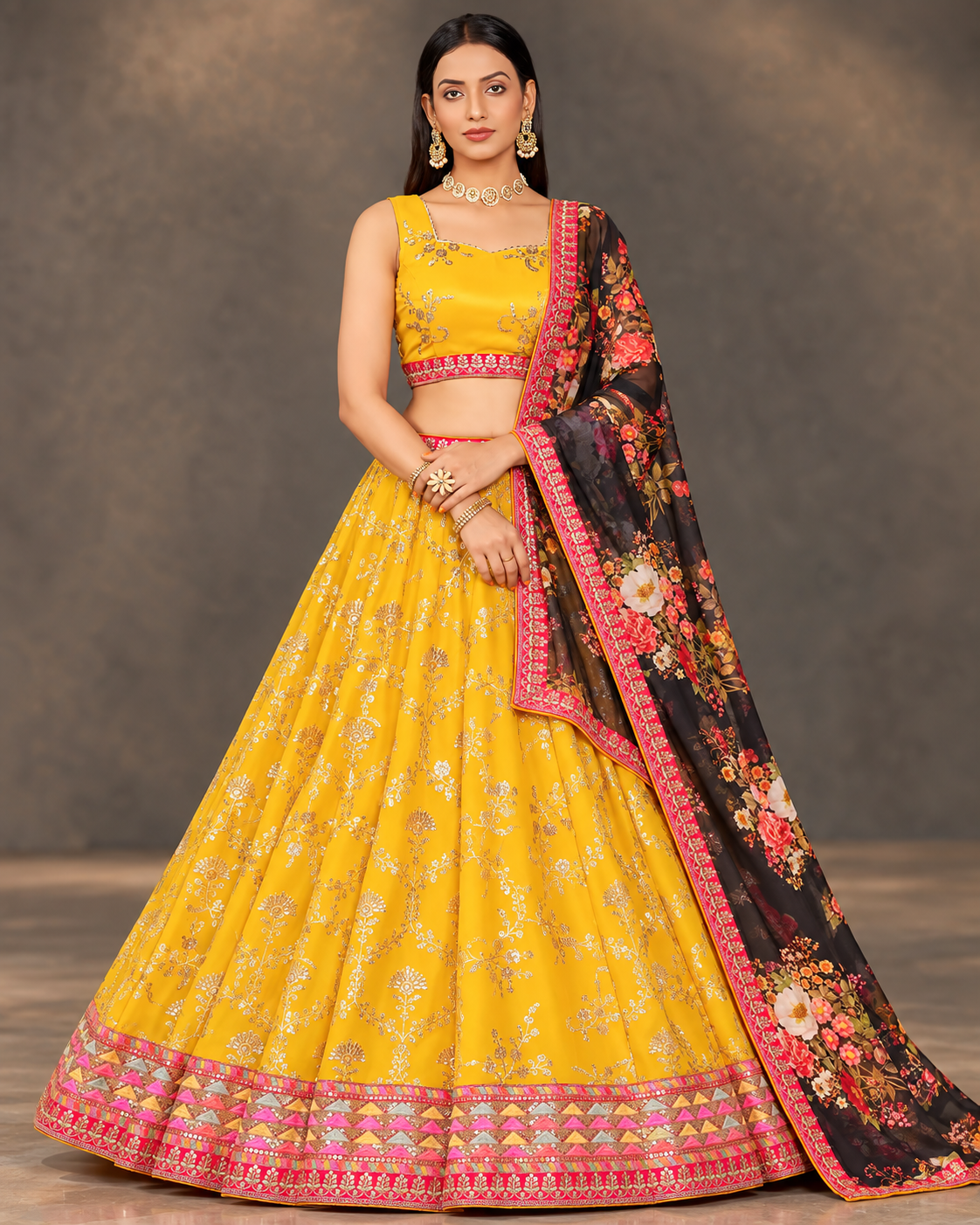 Marigold Yellow Georgette Lehenga with Black Floral Dupatta