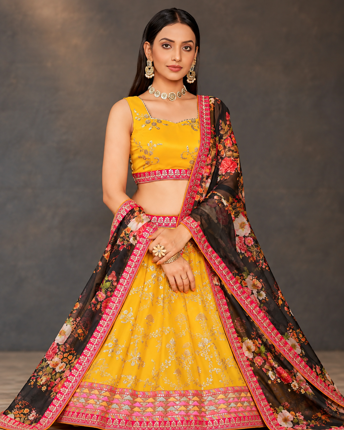 Marigold Yellow Georgette Lehenga with Black Floral Dupatta