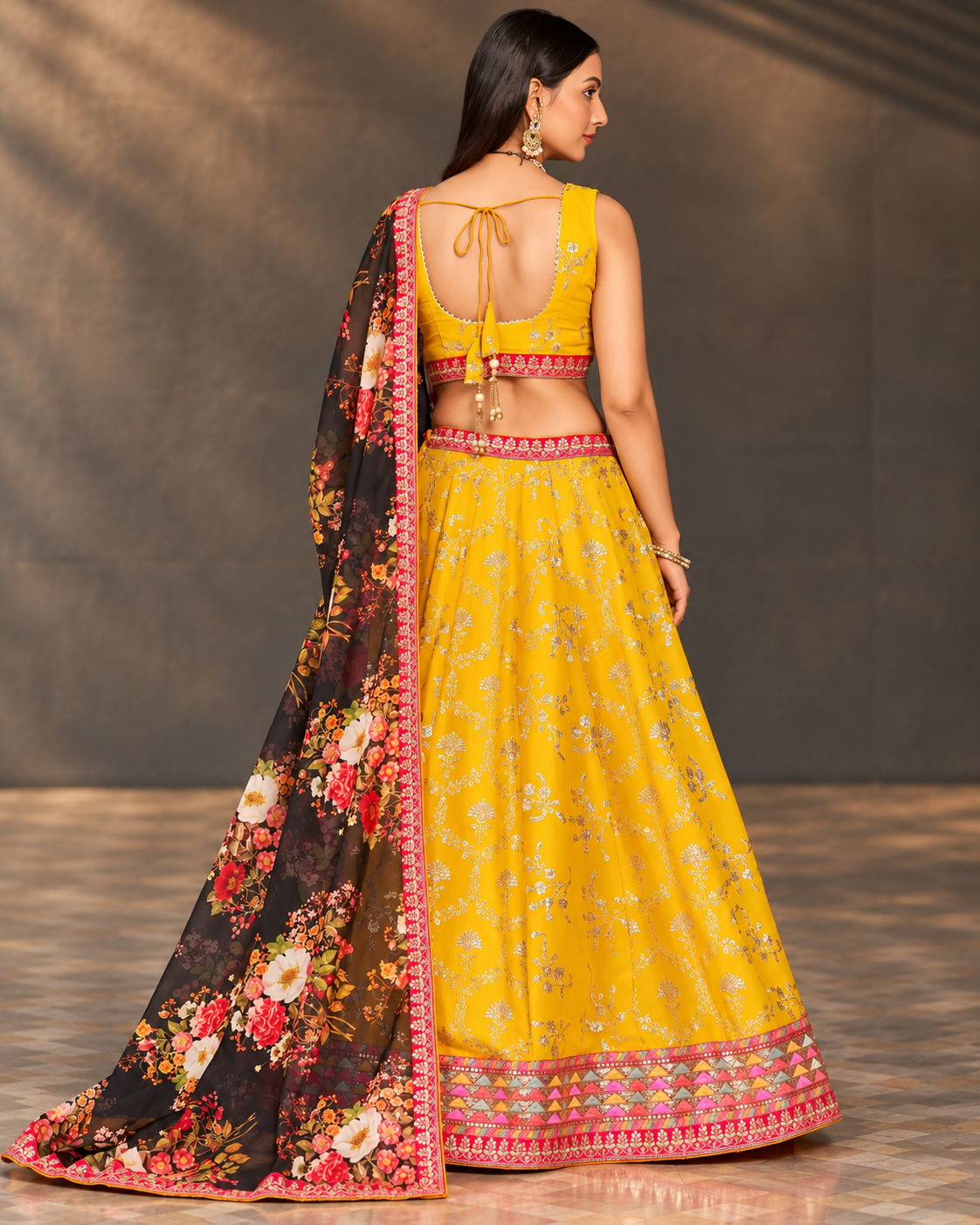Marigold Yellow Georgette Lehenga with Black Floral Dupatta