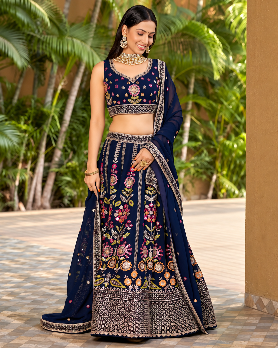 Navy Blue Floral Embroidered Georgette Lehenga Choli