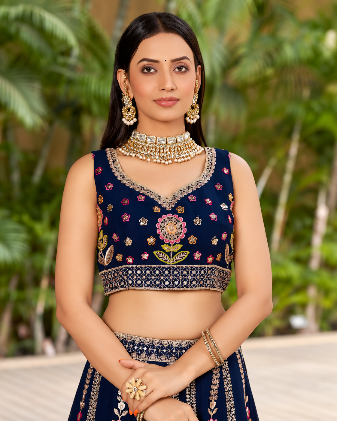 Navy Blue Floral Embroidered Georgette Lehenga Choli