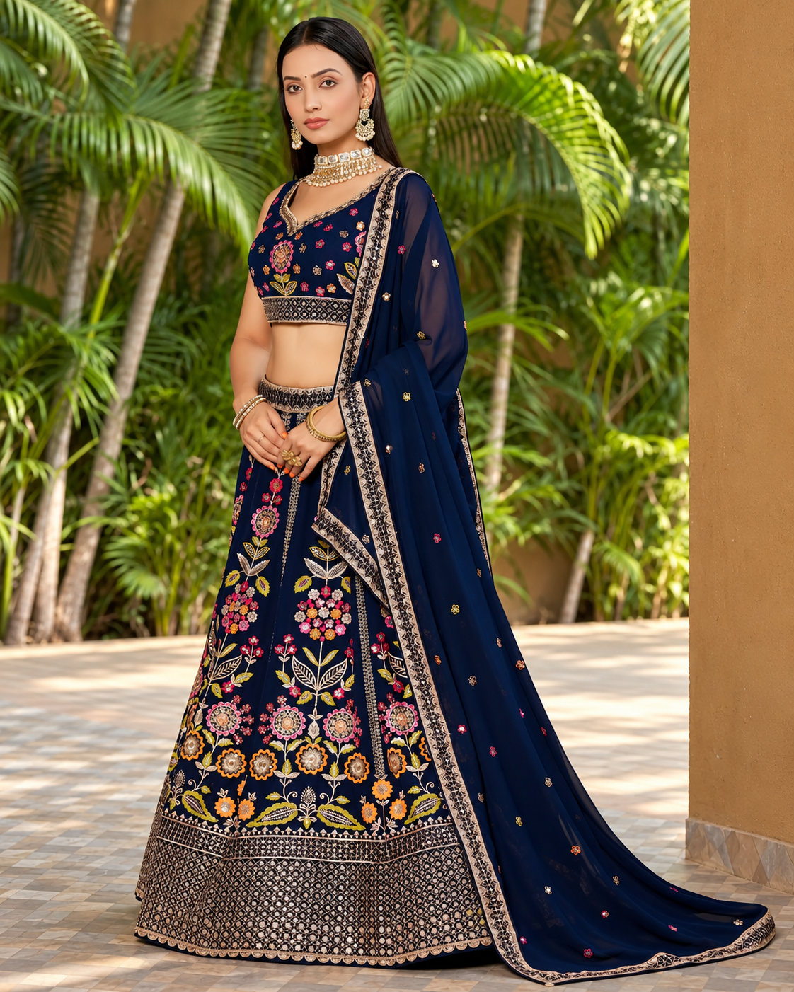 Navy Blue Floral Embroidered Georgette Lehenga Choli