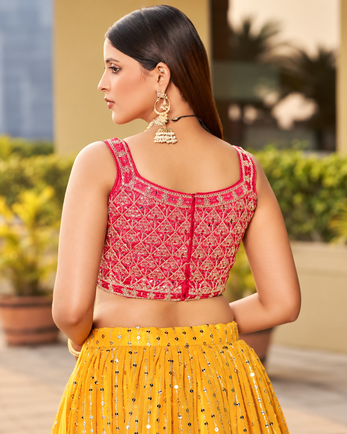 Yellow Georgette Embroidered Lehenga with Pink Mirror Work Blouse