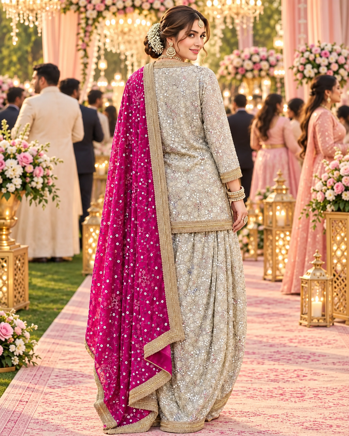 Beige Embroidered Georgette Dhoti Set with Pink Dupatta