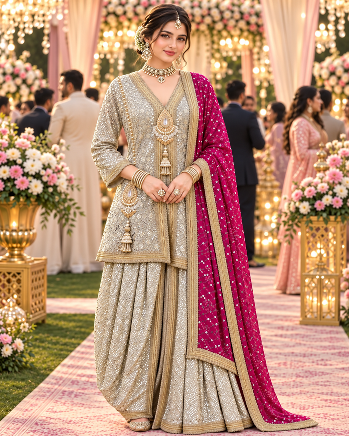 Beige Embroidered Georgette Dhoti Set with Pink Dupatta