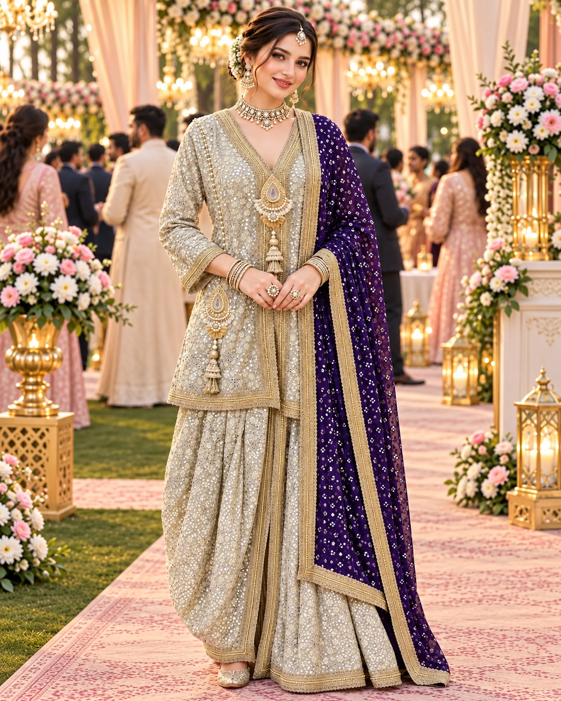 Grey Embroidered Georgette Dhoti Set with Purple Dupatta