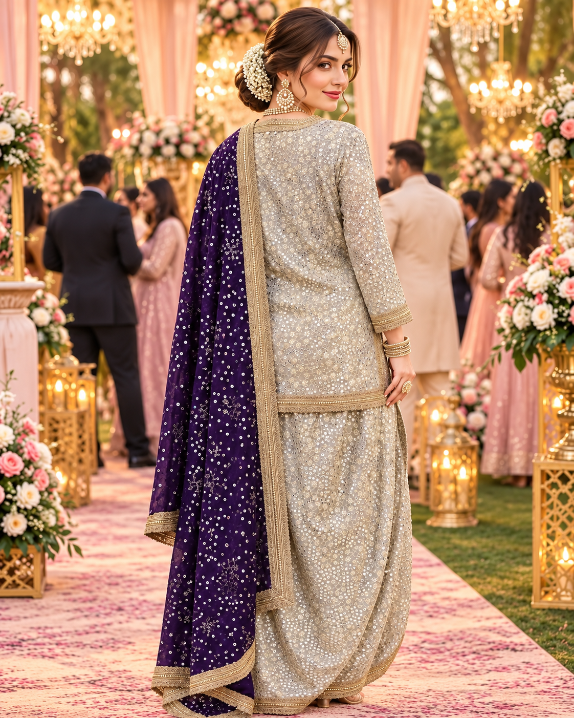 Grey Embroidered Georgette Dhoti Set with Purple Dupatta