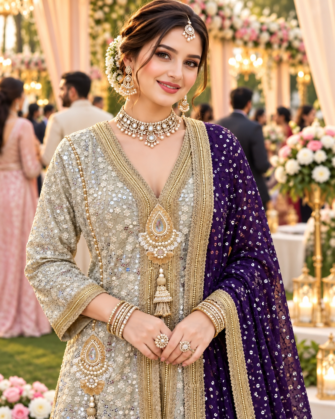 Grey Embroidered Georgette Dhoti Set with Purple Dupatta