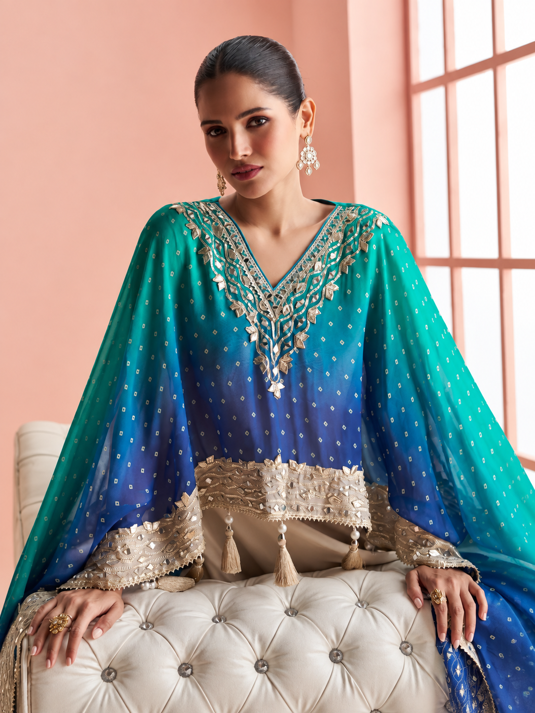 Premium Chinon Silk Mirror Work Kaftan Sharara Set
