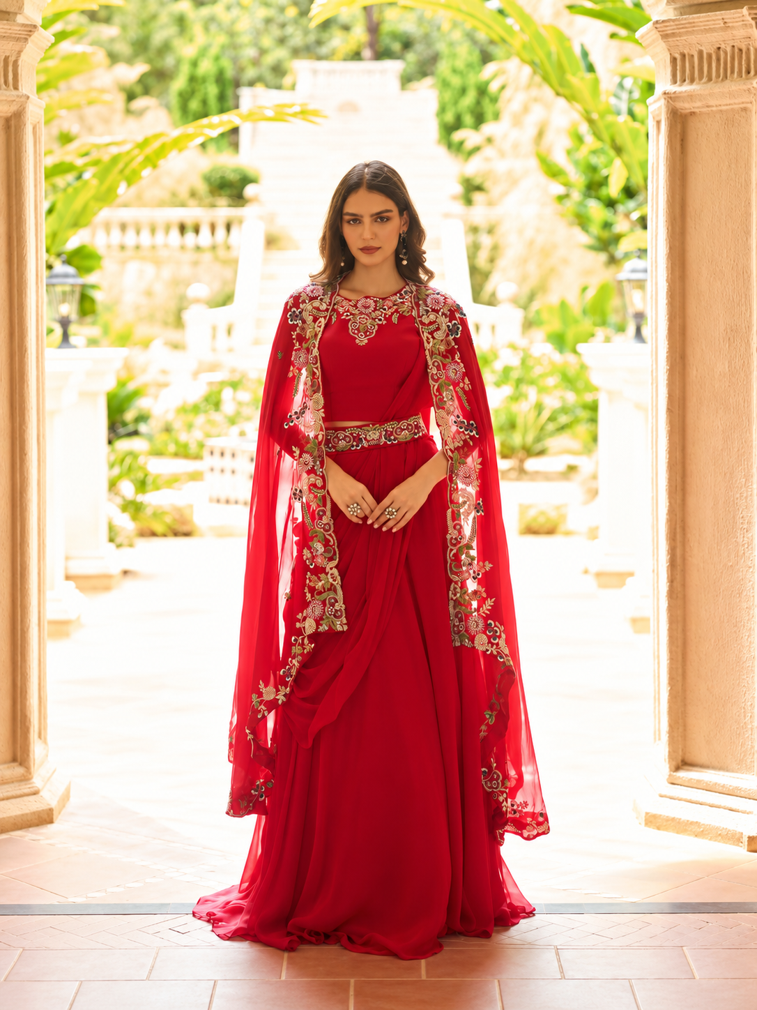 Red embroidered cape-style lehenga set close-up detail
