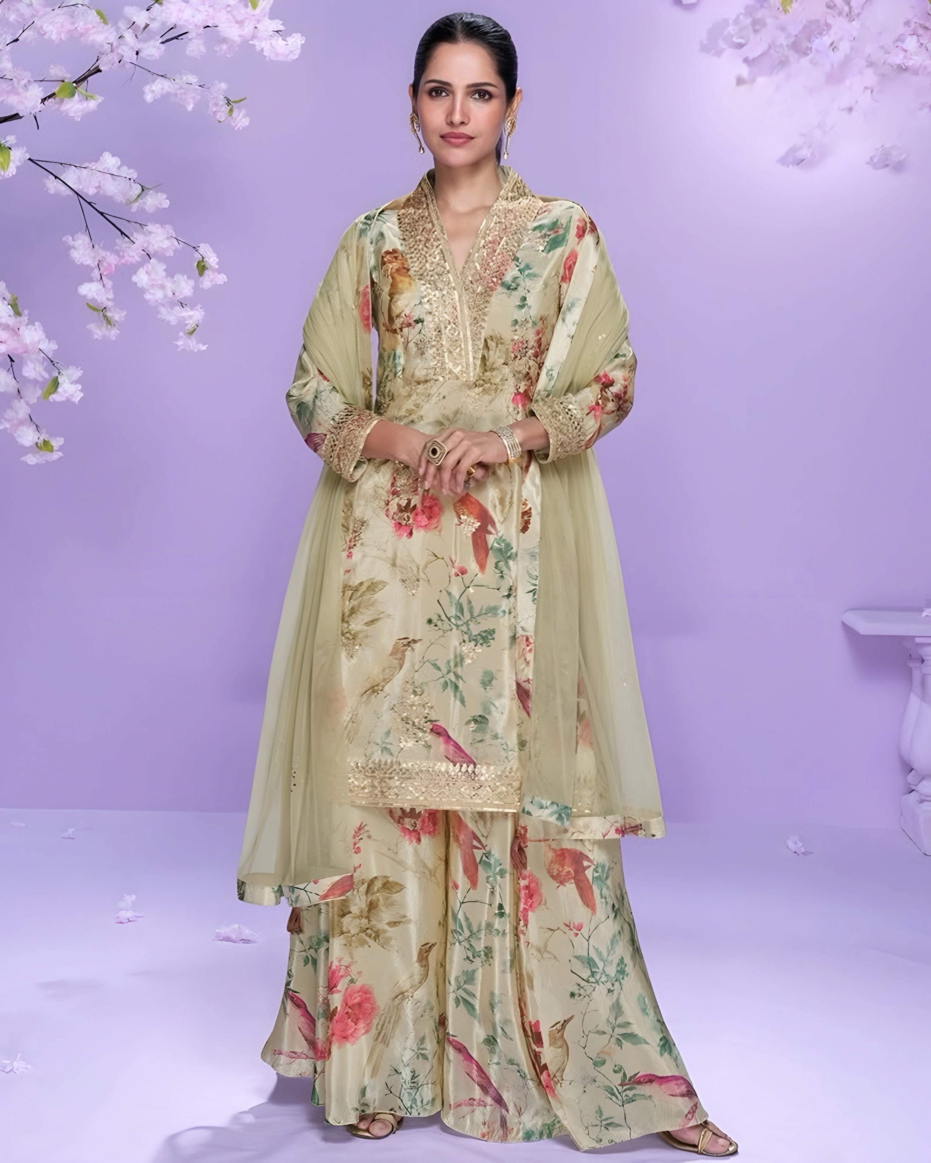 Woman wearing a floral traditional outfit with a light purple background