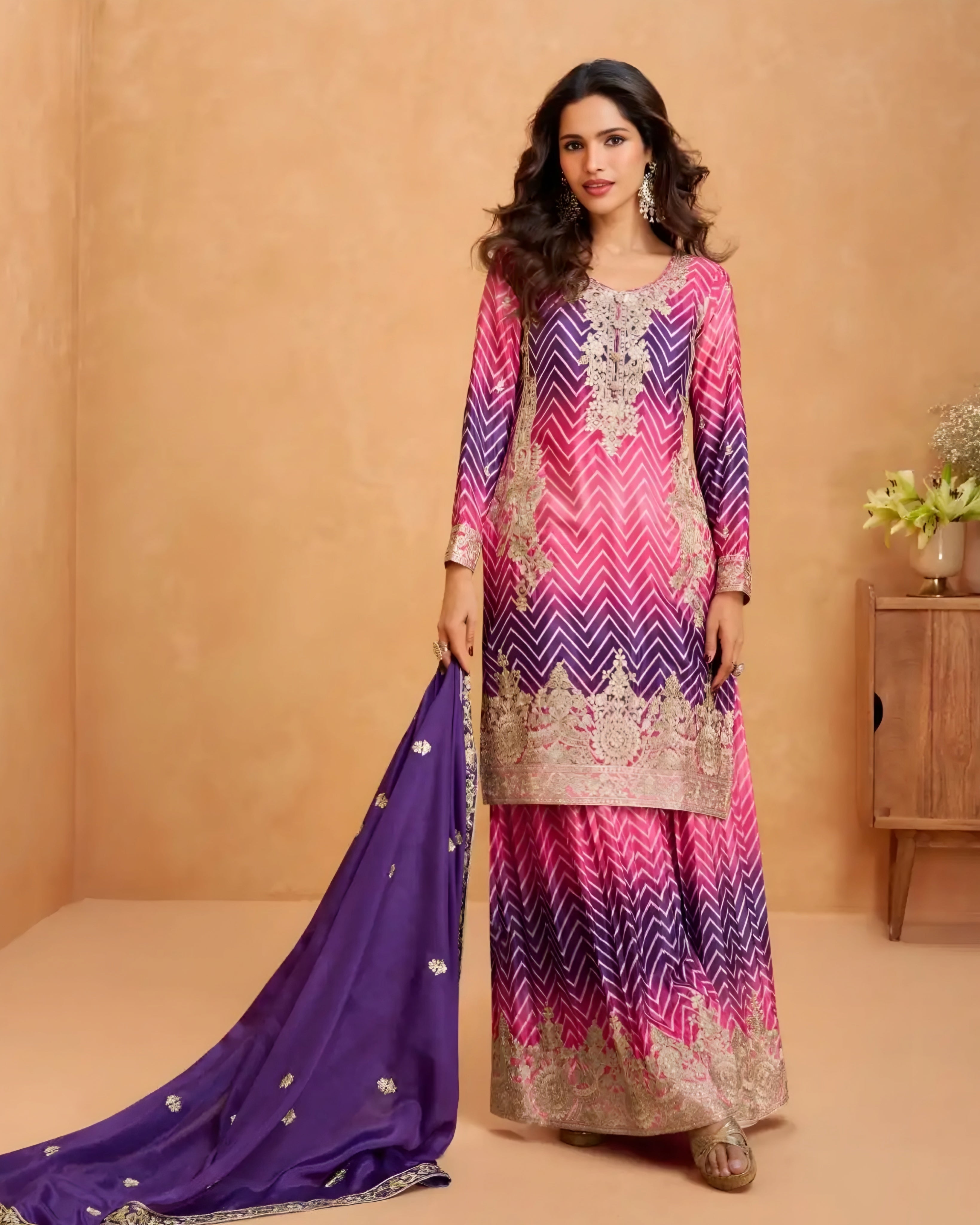 Elegant Pink & Regal Purple Premium Chinon Silk Palazzo Suit