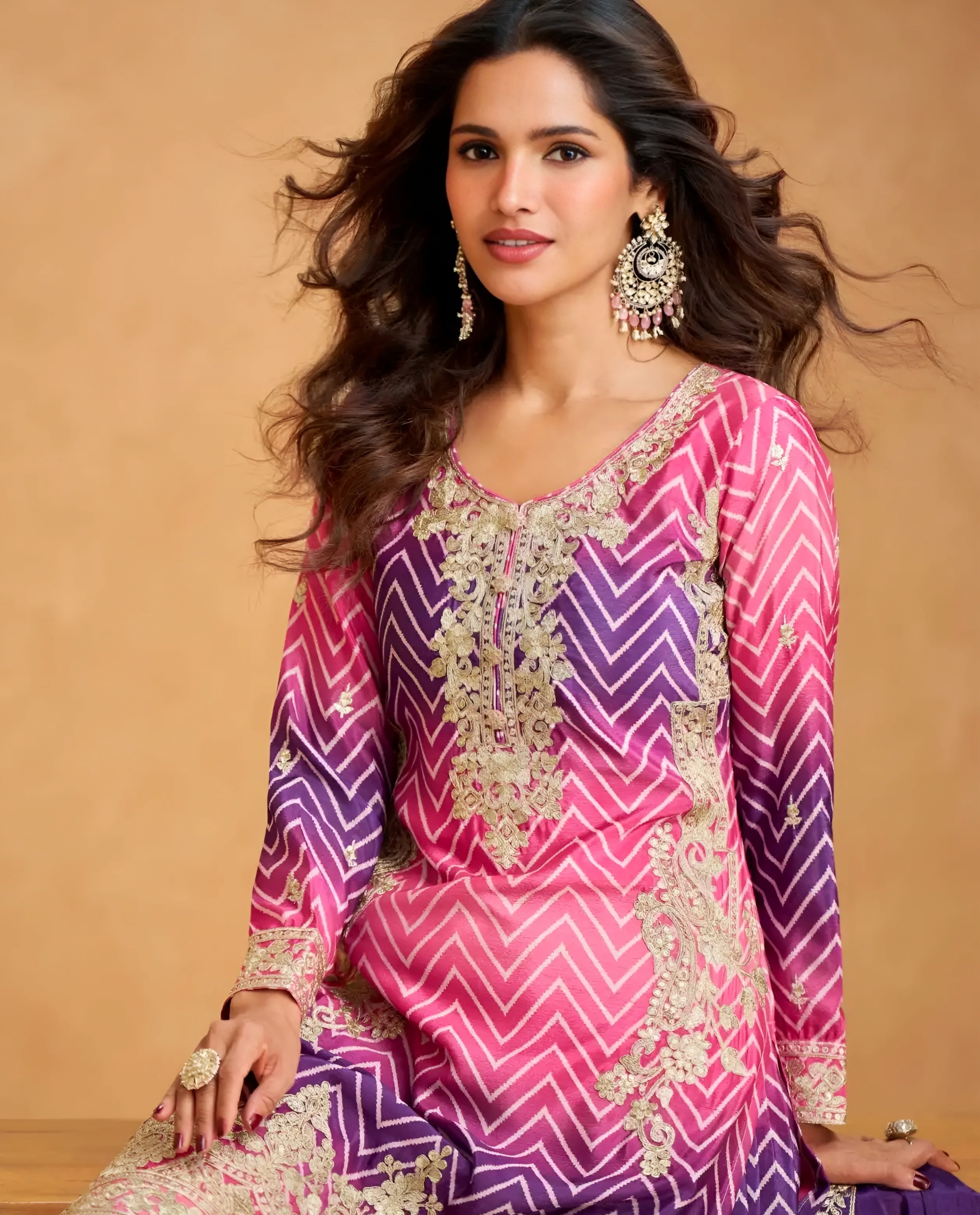 Elegant Pink & Regal Purple Premium Chinon Silk Palazzo Suit