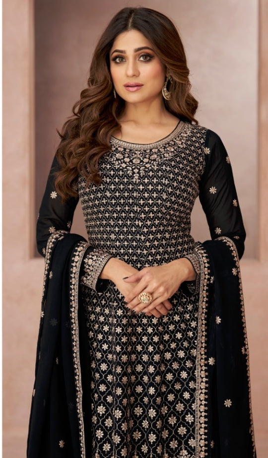 Embroidered Georgette Palazzo Suits Black - Sakhi Fashions