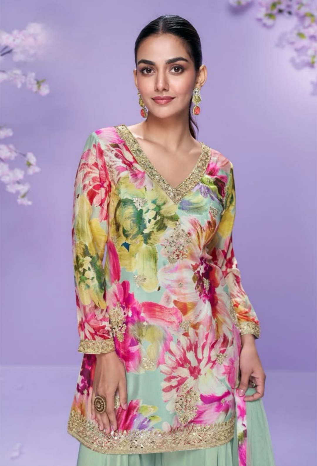 Floral Chinon Silk Salwar Suit – Mint Green Palazzo Set