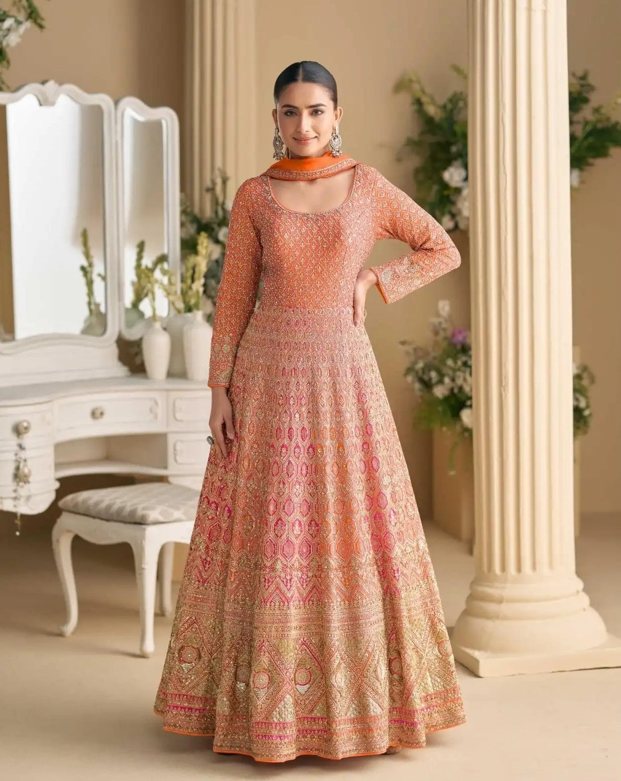 Real Premium Georgette Heavy Embroidered Anarkali Gown With Swarovski Zarkan Work Orange