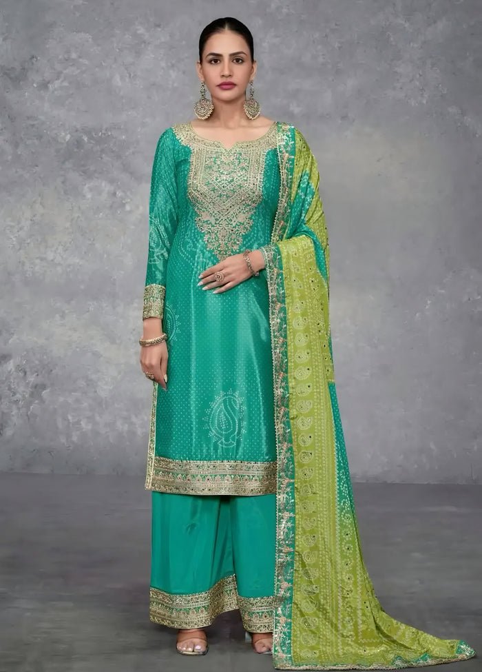 Teal Green Embroidered Palazzo Suit with Lime Green Bandhani Dupatta | Sakhi Fashions Perth