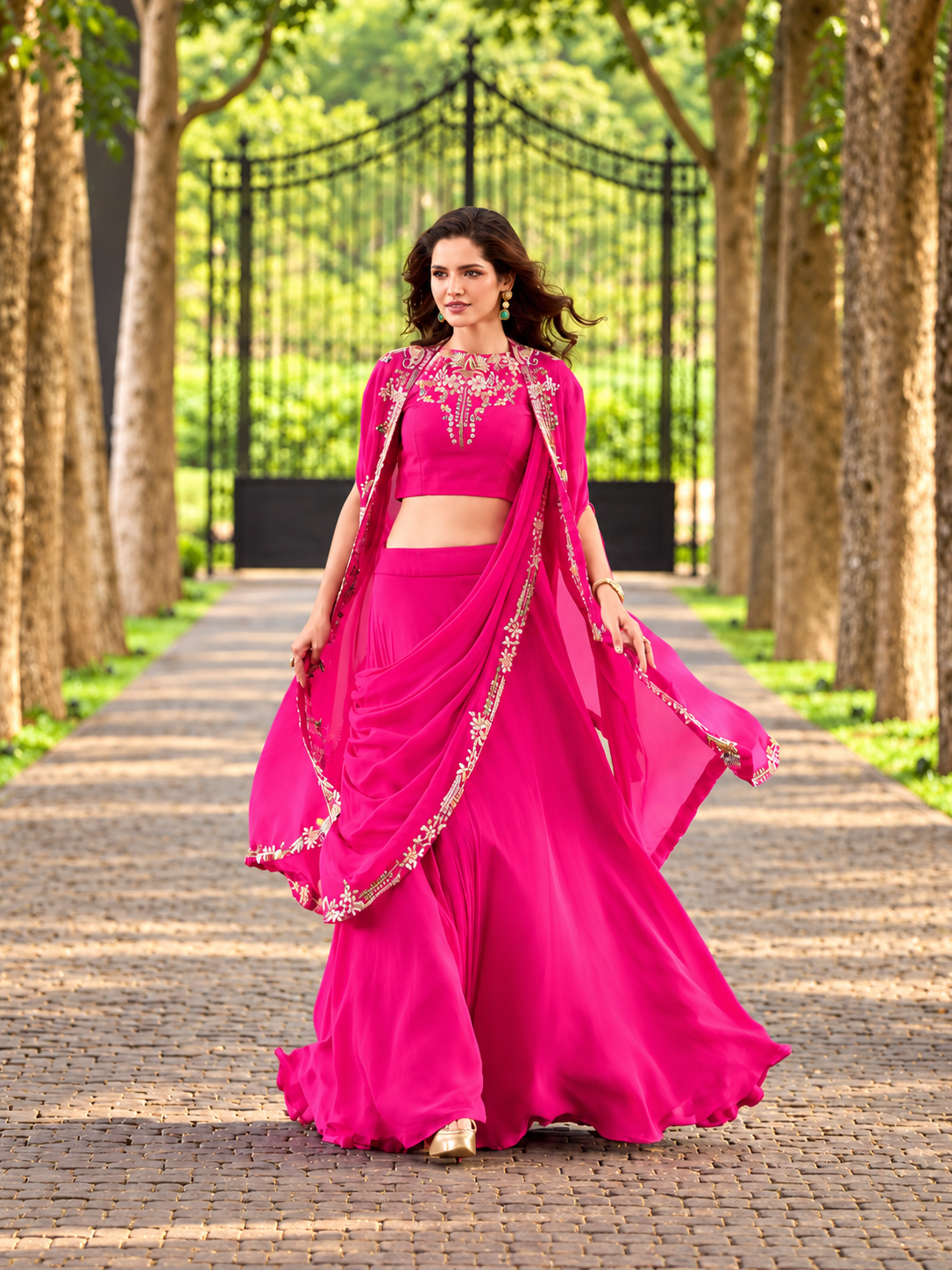 A woman modeling a bright pink traditional Indian outfit with a matching dupatta, walking down a tree-lined path. The outfit features gold embroidery on the neckline and border details.