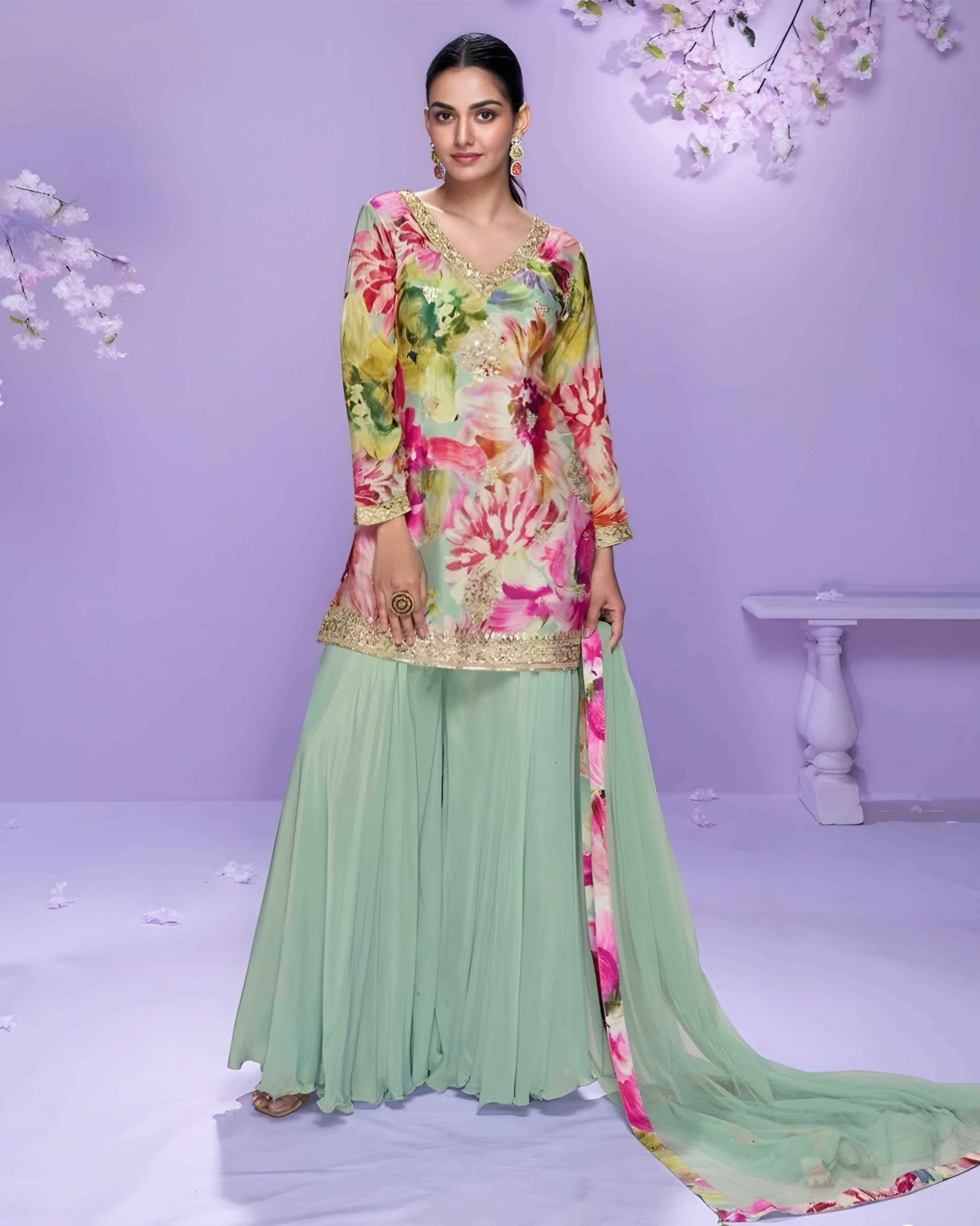 Woman wearing a floral top and light green skirt with a matching dupatta against a light purple background.