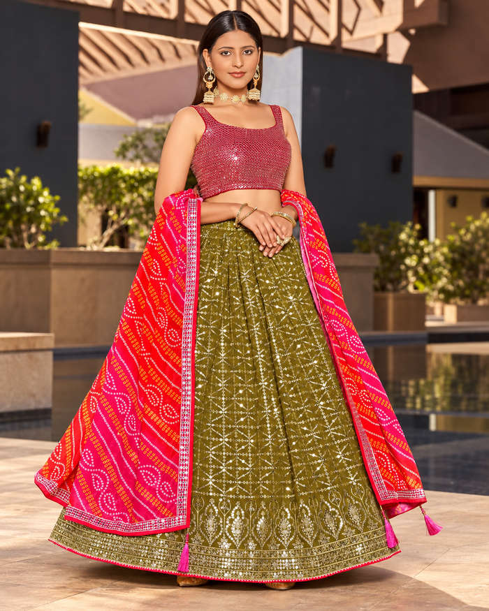 Olive Green Georgette Lehenga with Maroon Blouse