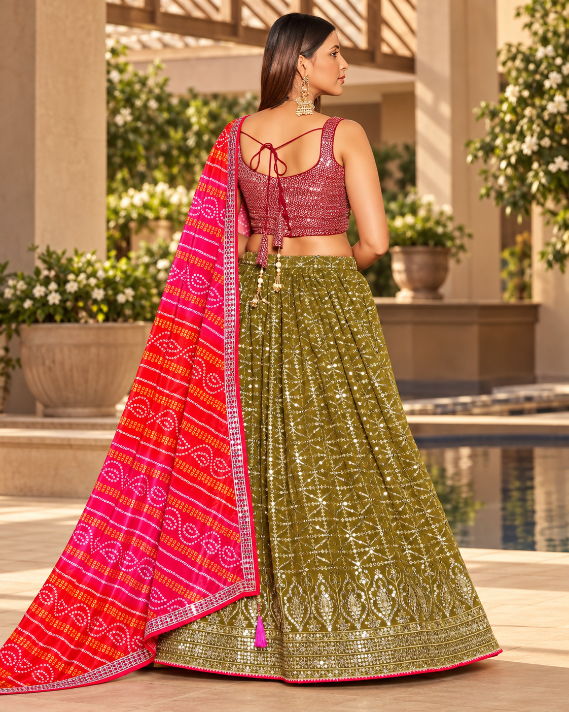 Olive Green Georgette Lehenga with Maroon Blouse back side