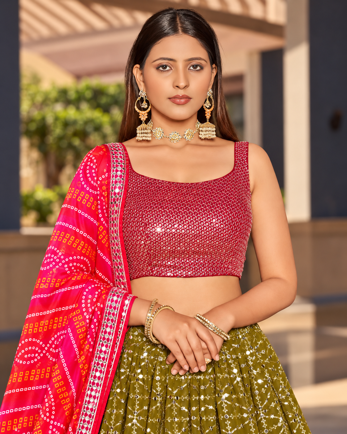 Olive Green Georgette Lehenga with Maroon Blouse  close 