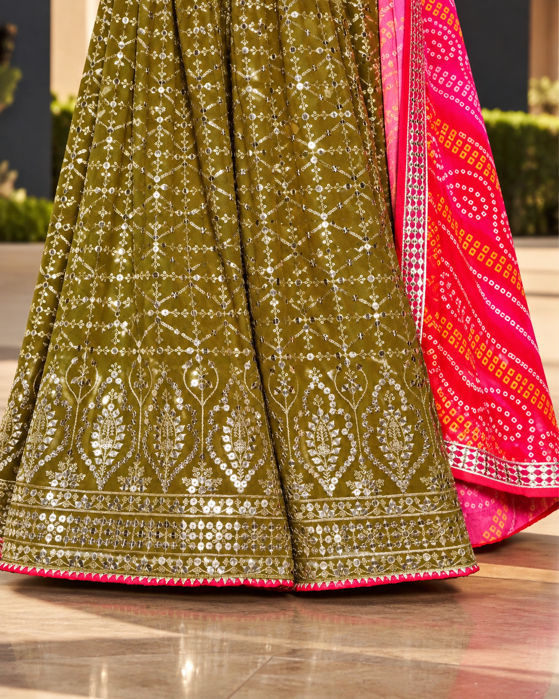 Olive Green Georgette Lehenga with Maroon Blouse  work