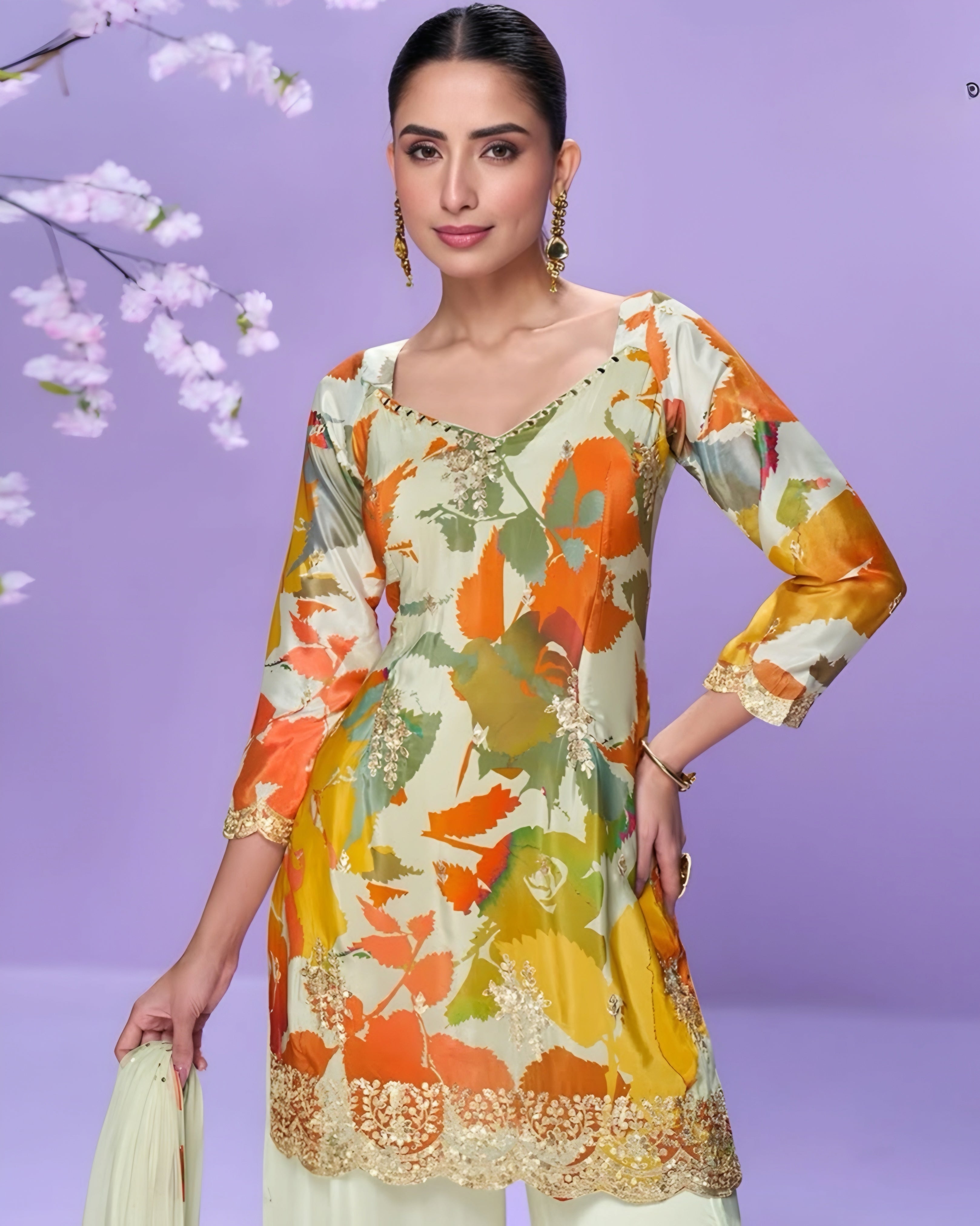 Woman wearing a colorful floral dress against a purple background with cherry blossoms.