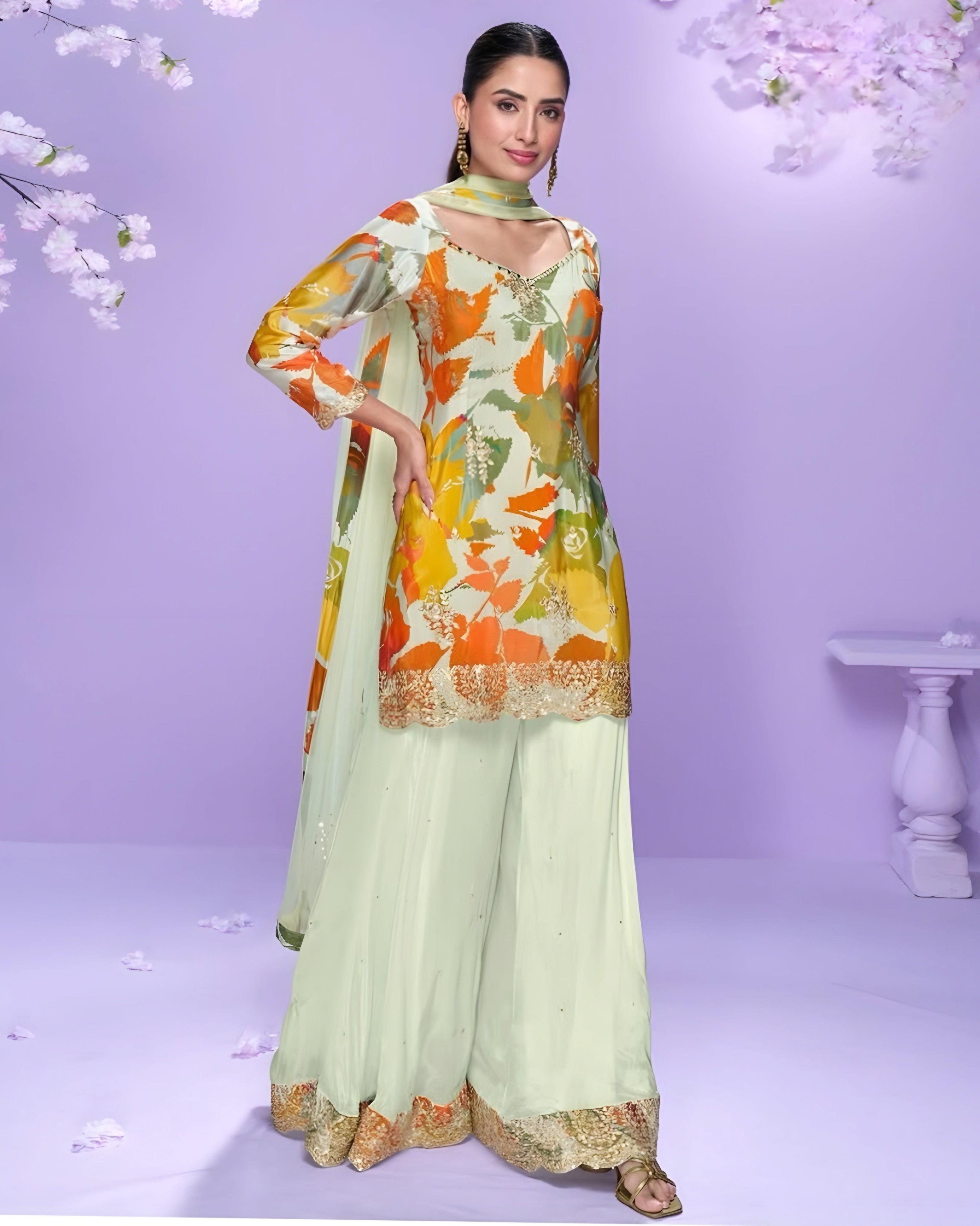 Woman wearing a floral dress with a light green dupatta against a purple background