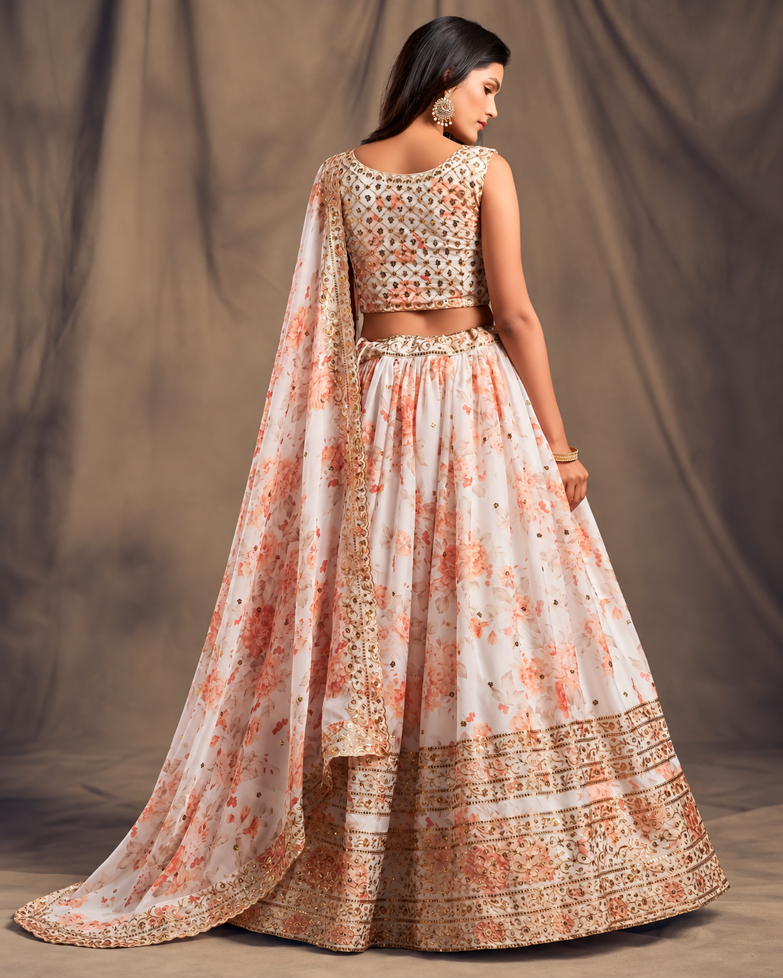White & Peach Floral Organza Lehenga Choli