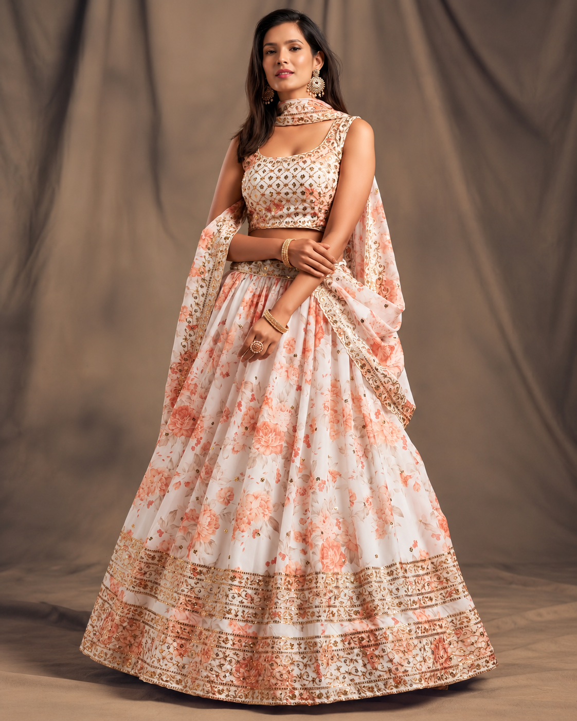 White & Peach Floral Organza Lehenga Choli