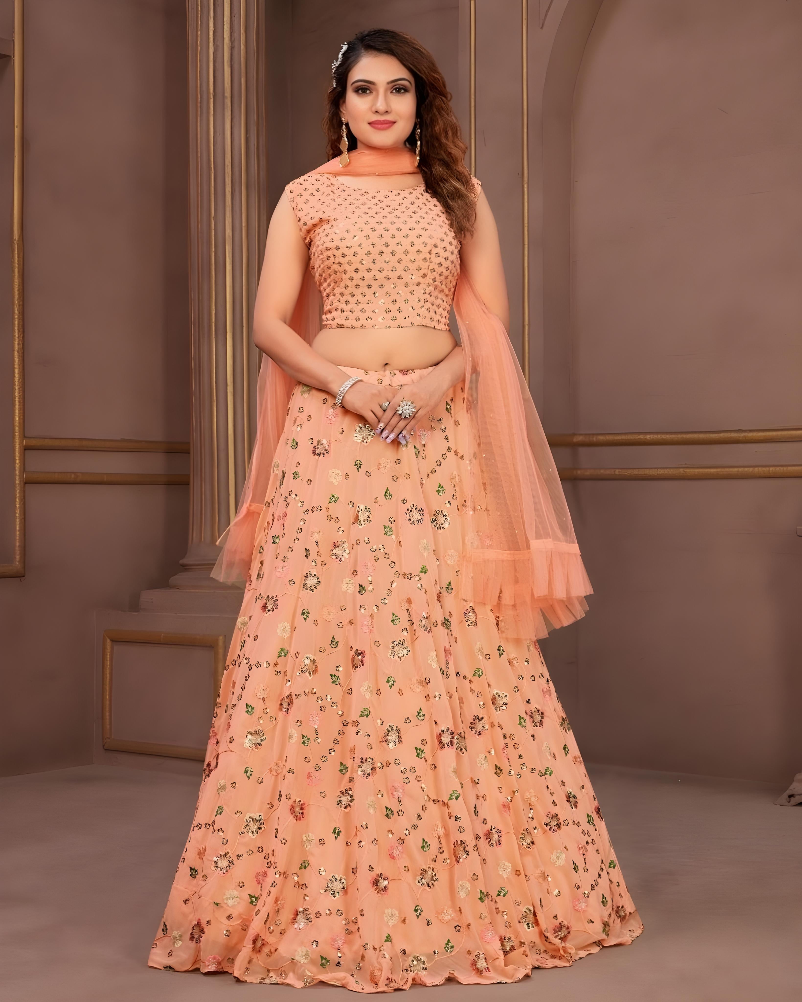 Viscose Georgette Sequince Embroidered Lehenga Choli Peach