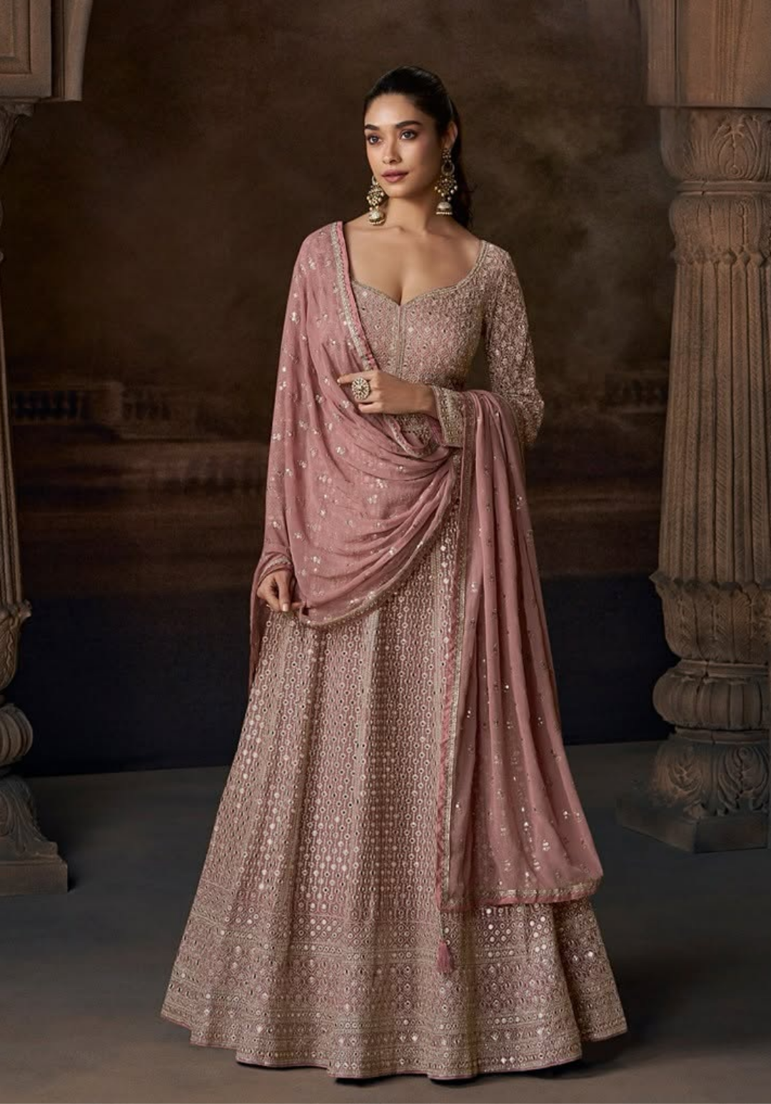 Rose Gold Premium Silk Heavy Embroidered Anarkali Gown