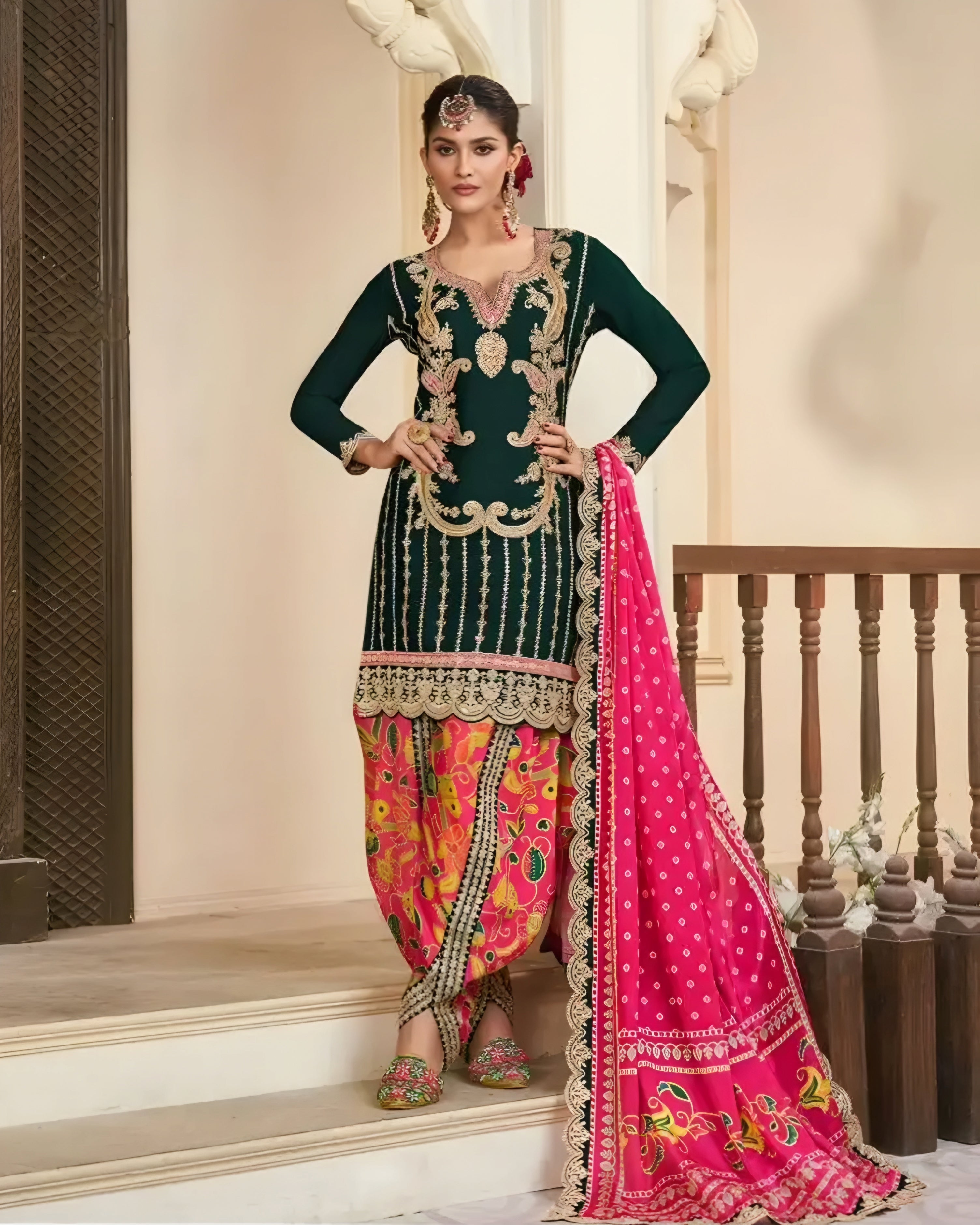 Dark Green & Pink Embroidered Chinon Silk Palazzo Suit