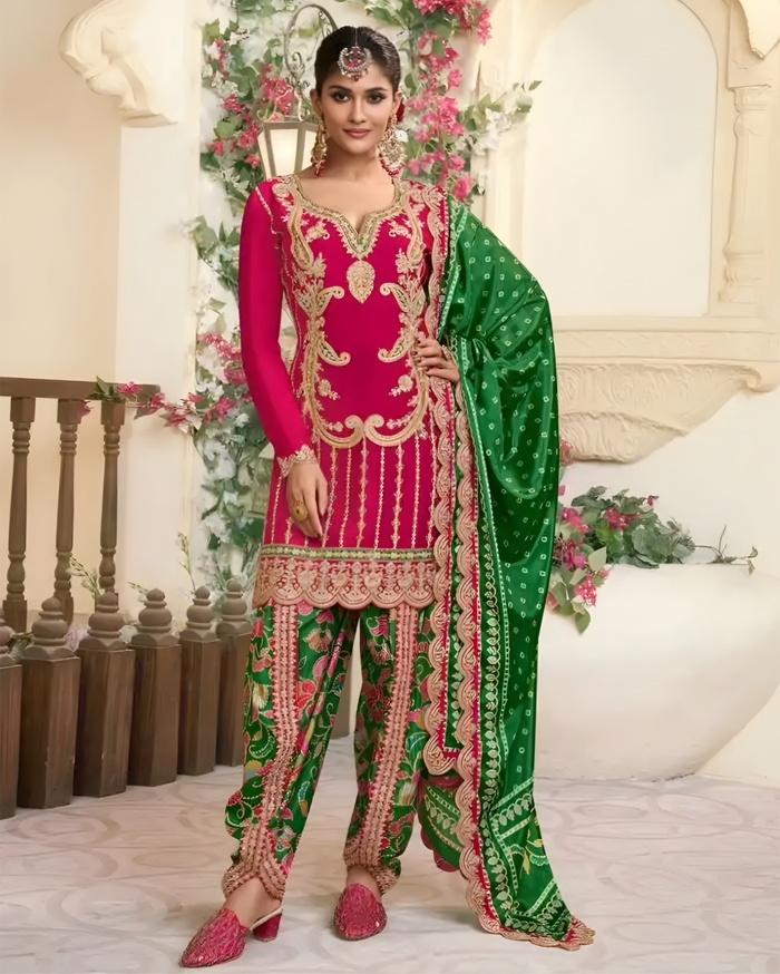 Vibrant Pink & Green Embroidered Chinon Silk Palazzo Suit | Sakhi Fashions Perth