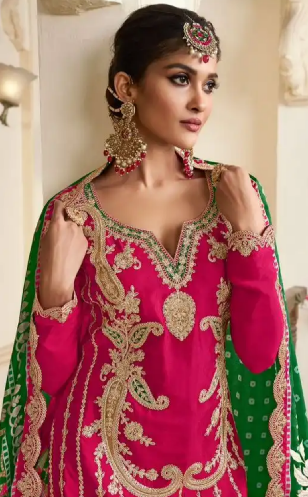 Vibrant Pink & Green Embroidered Chinon Silk Palazzo Suit