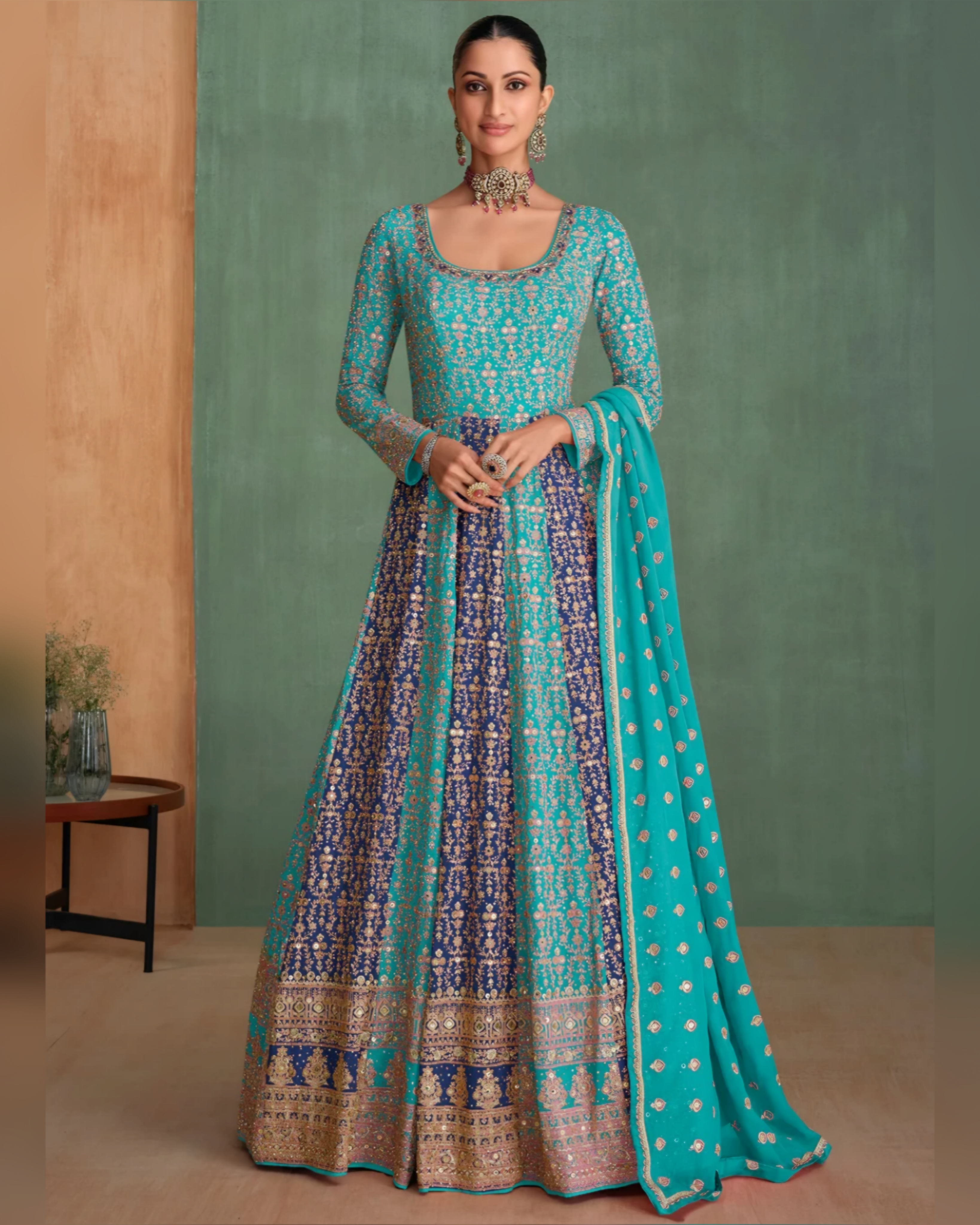 Teal & Navy Embroidered Silk Anarkali Set with Dupatta