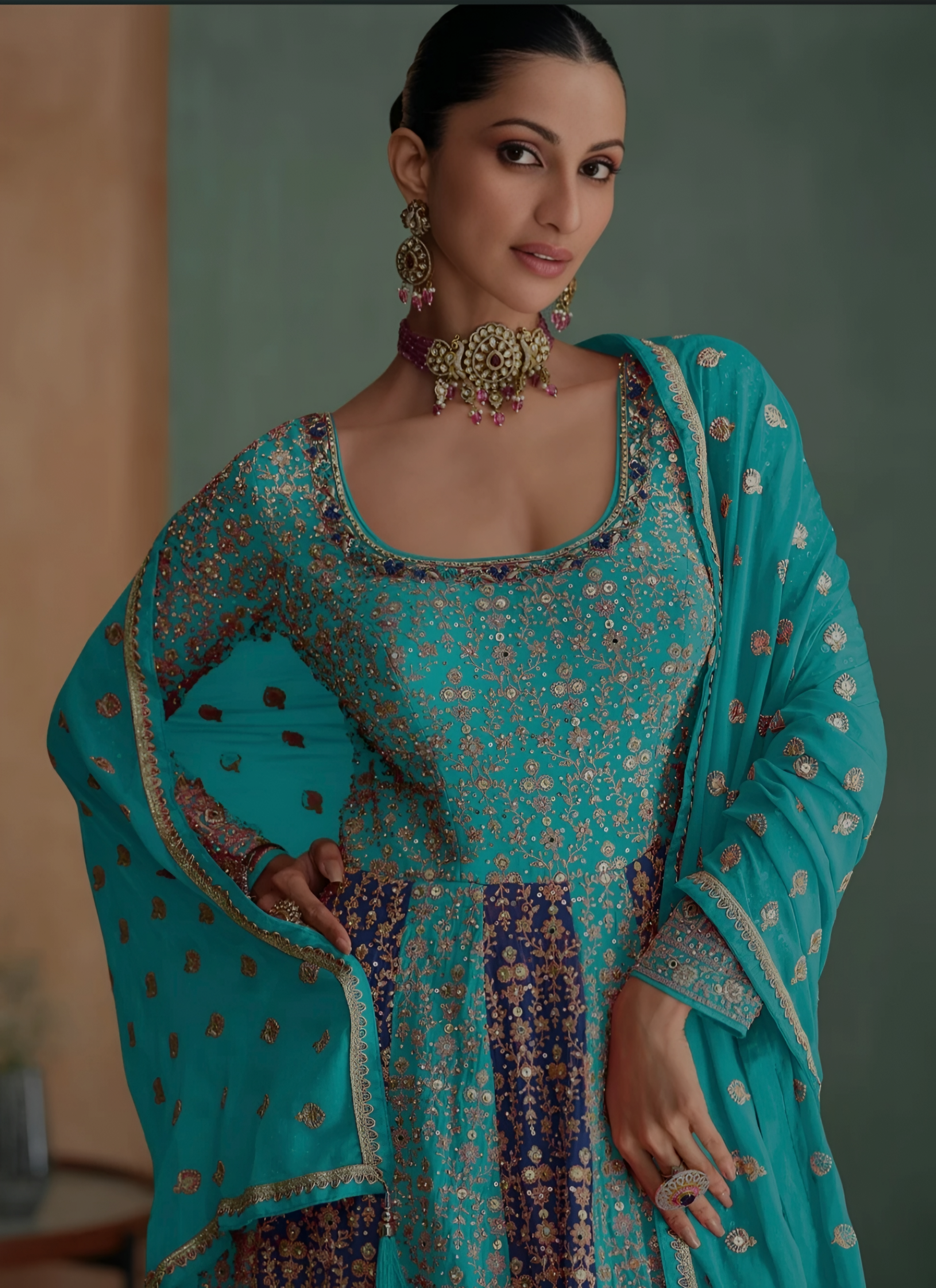 Teal & Navy Embroidered Silk Anarkali Set with Dupatta