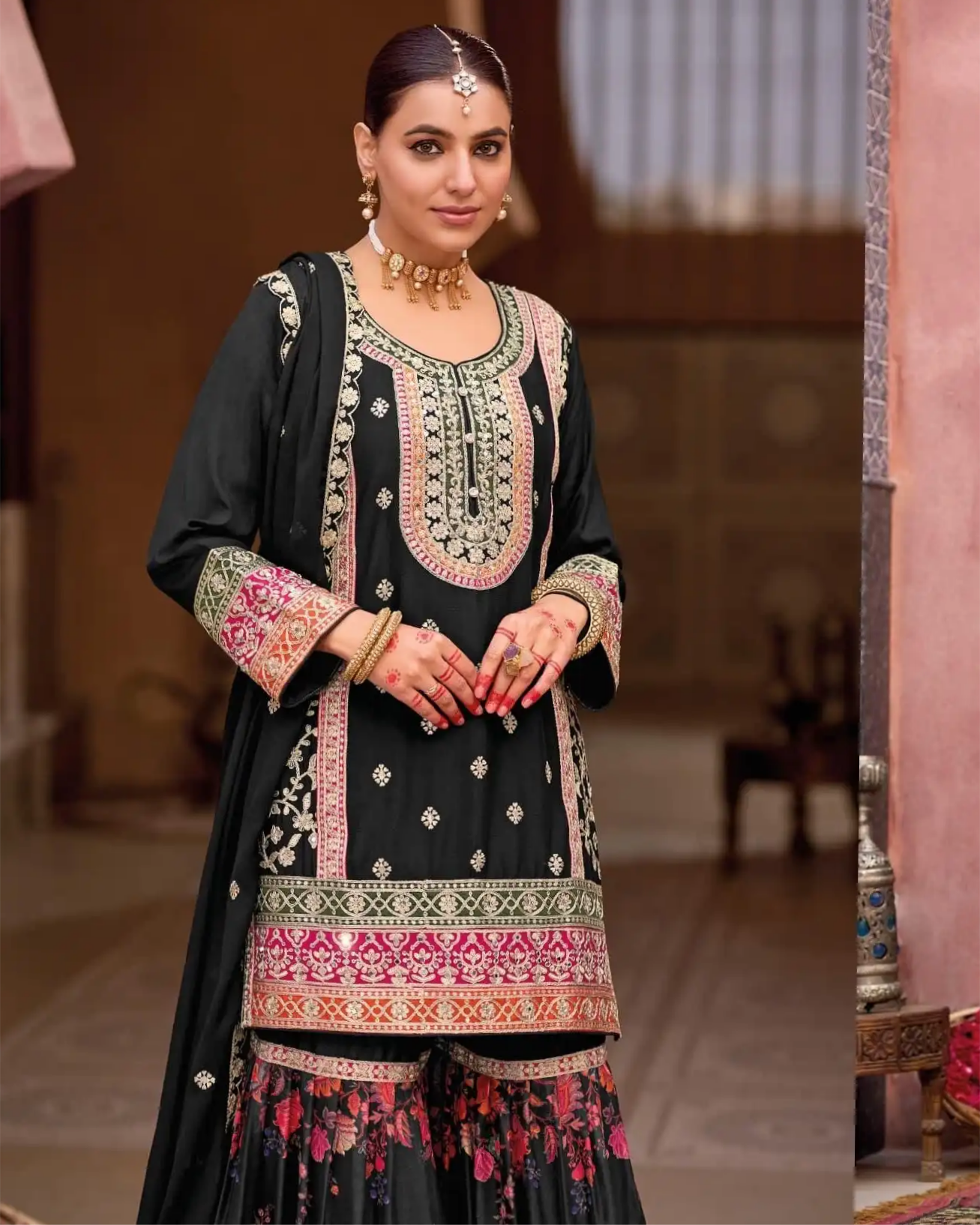 Black Chinon Silk Embroidered Sharara Suits