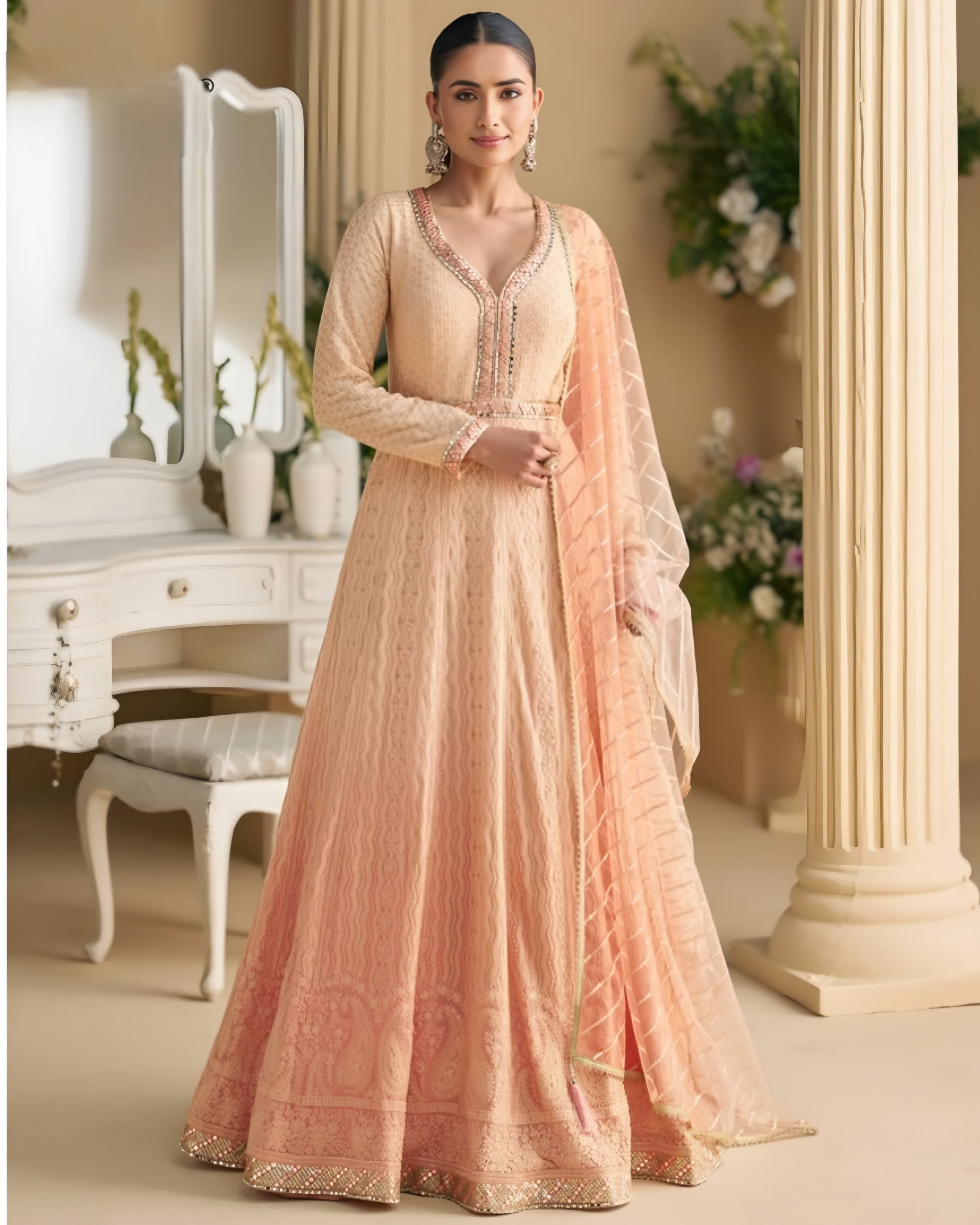 Real Georgette Chikankari Full Embroidered Anarkali Gown Light Peach
