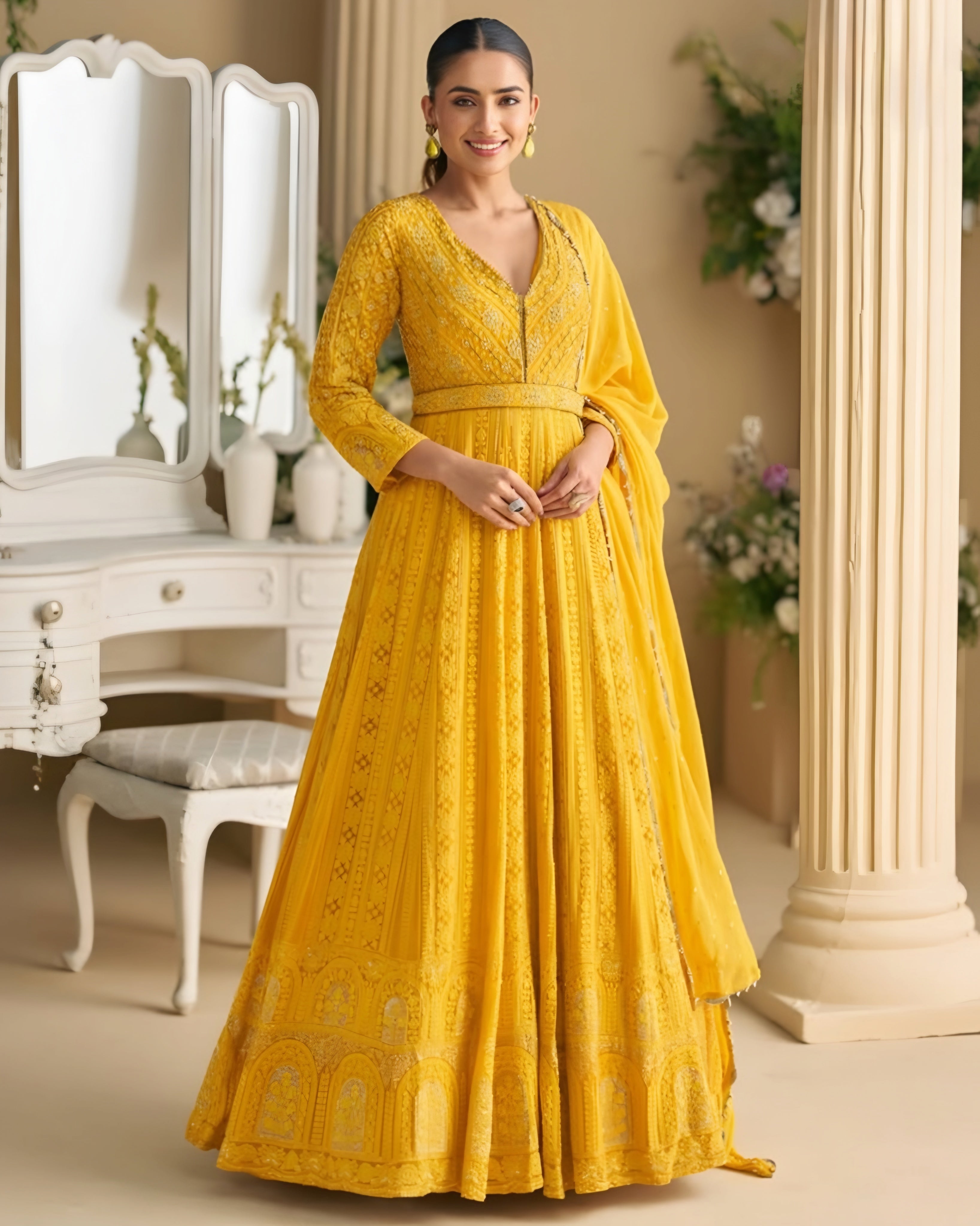 Real Georgette Chikankari Full Embroidered Anarkali Gown Yellow