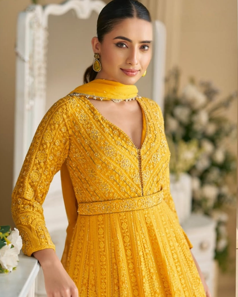 Real Georgette Chikankari Full Embroidered Anarkali Gown Yellow
