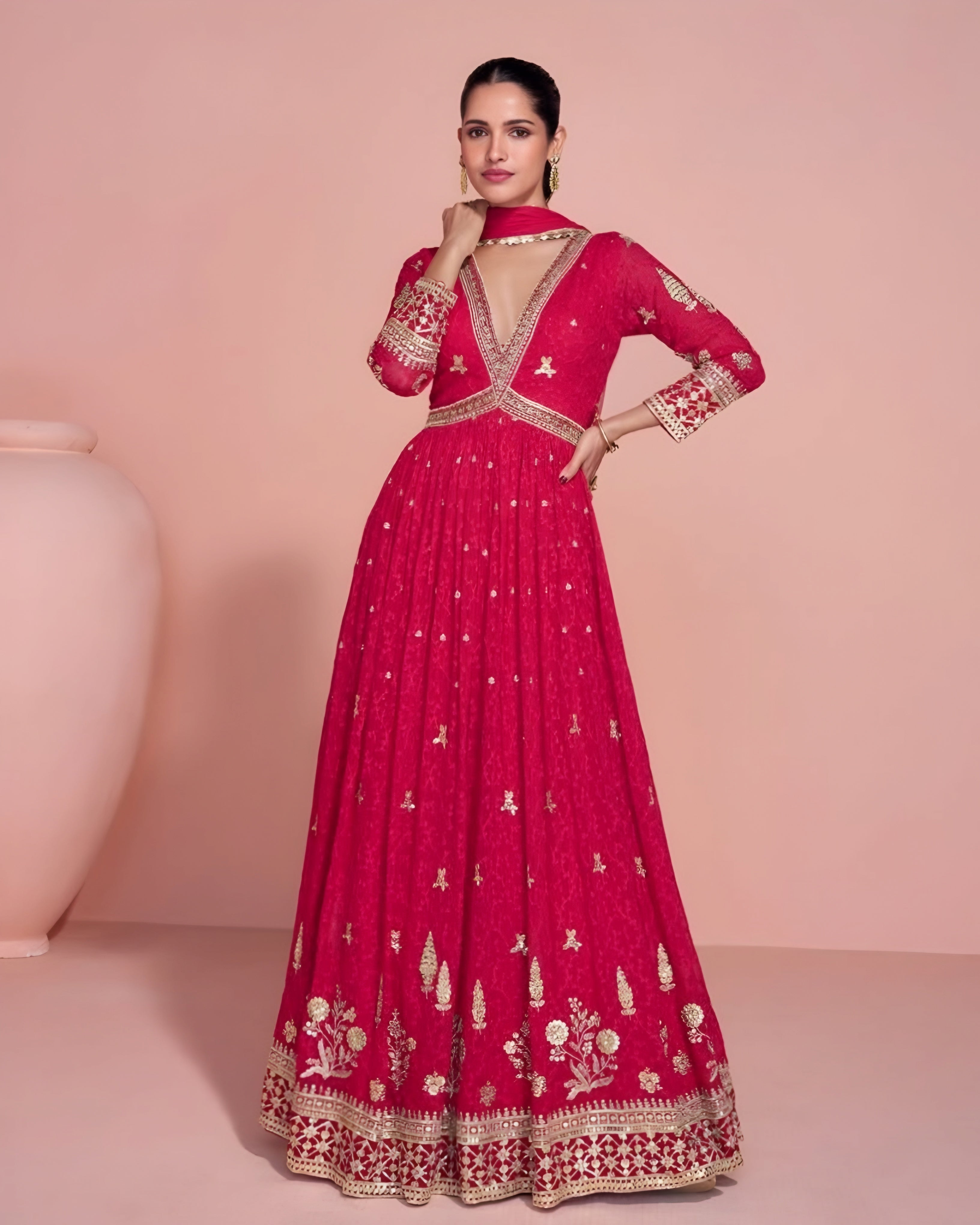Real Georgette Embroidered Anarkali Gown Pink