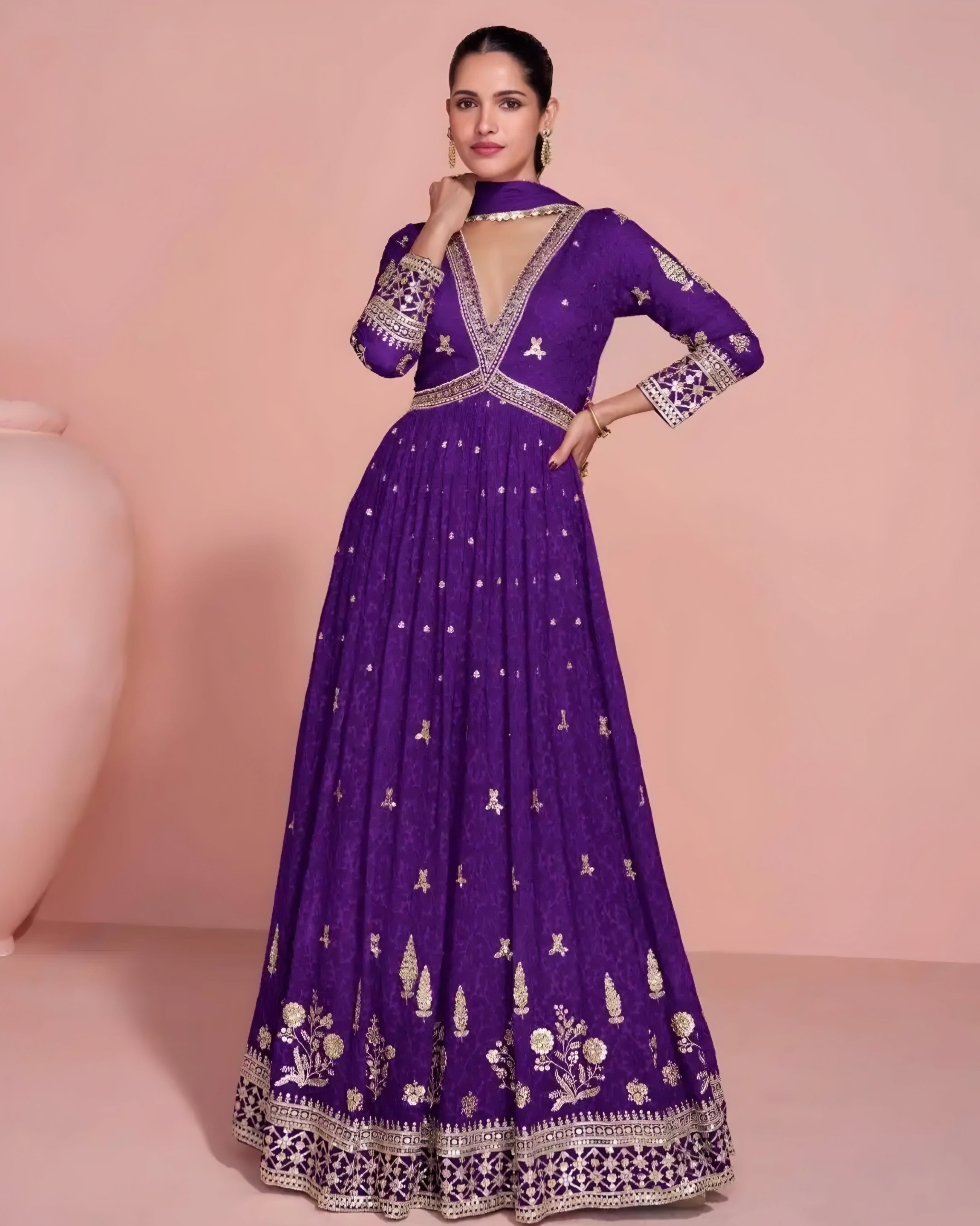 Real Georgette Embroidered Anarkali Gown Purple