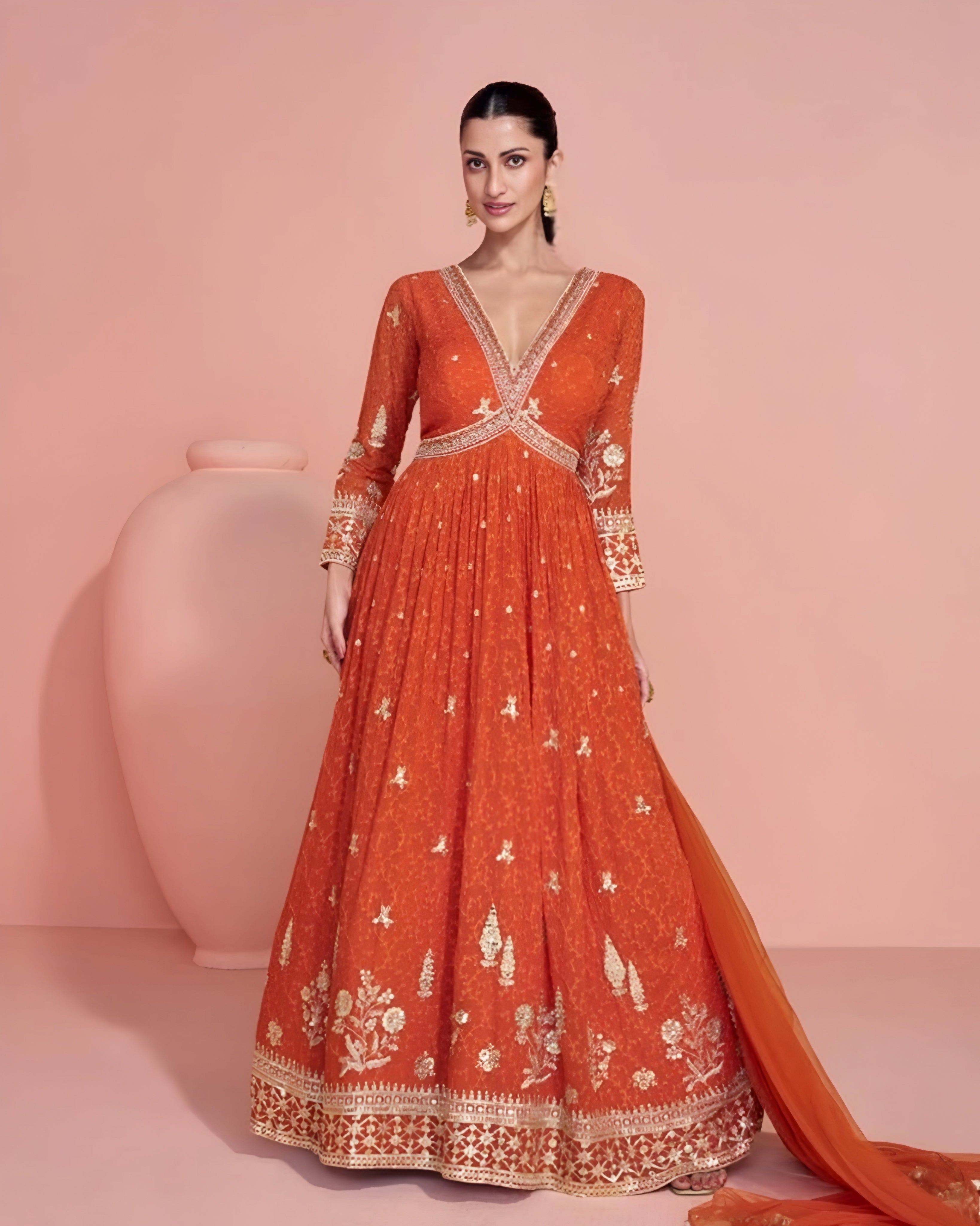 Real Georgette Embroidered Anarkali Gown Orange