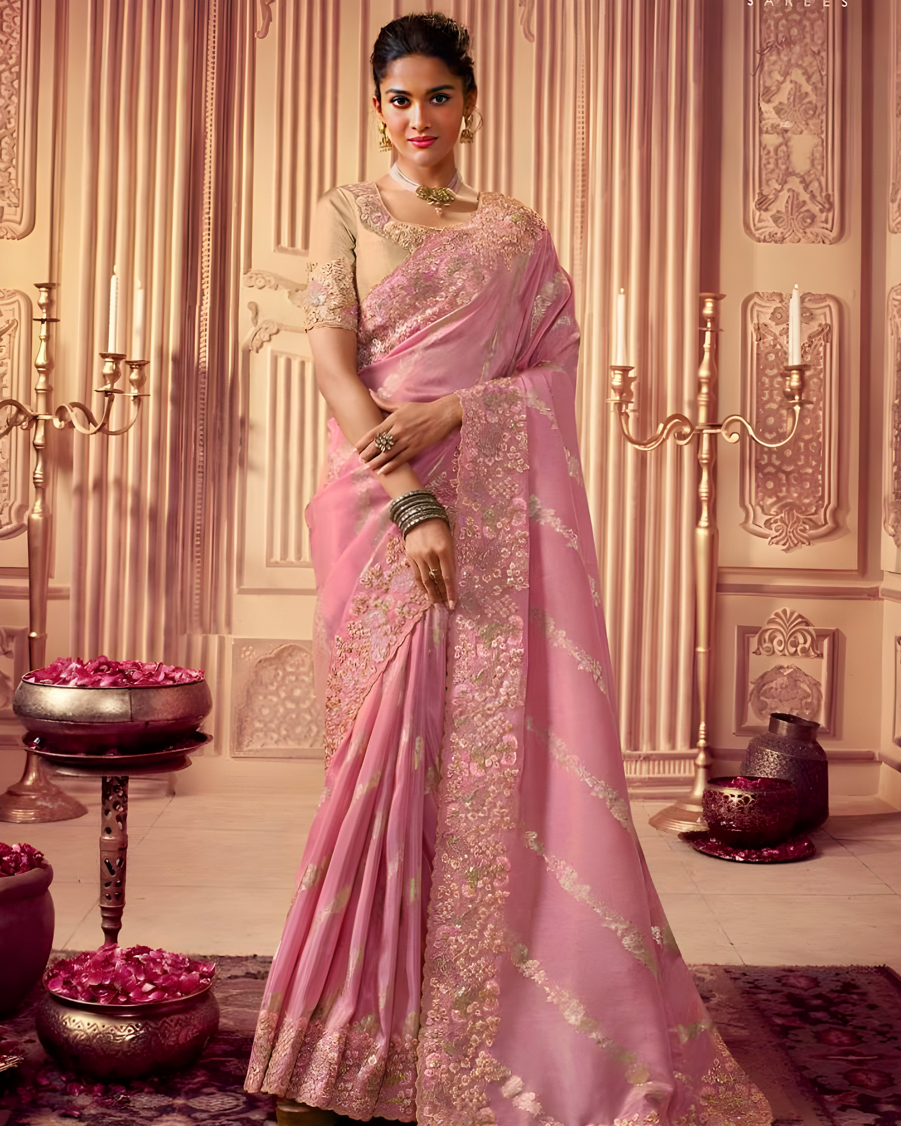 Embroidered Chinon Silk Wedding Saree Pink - Sakhi Fashions