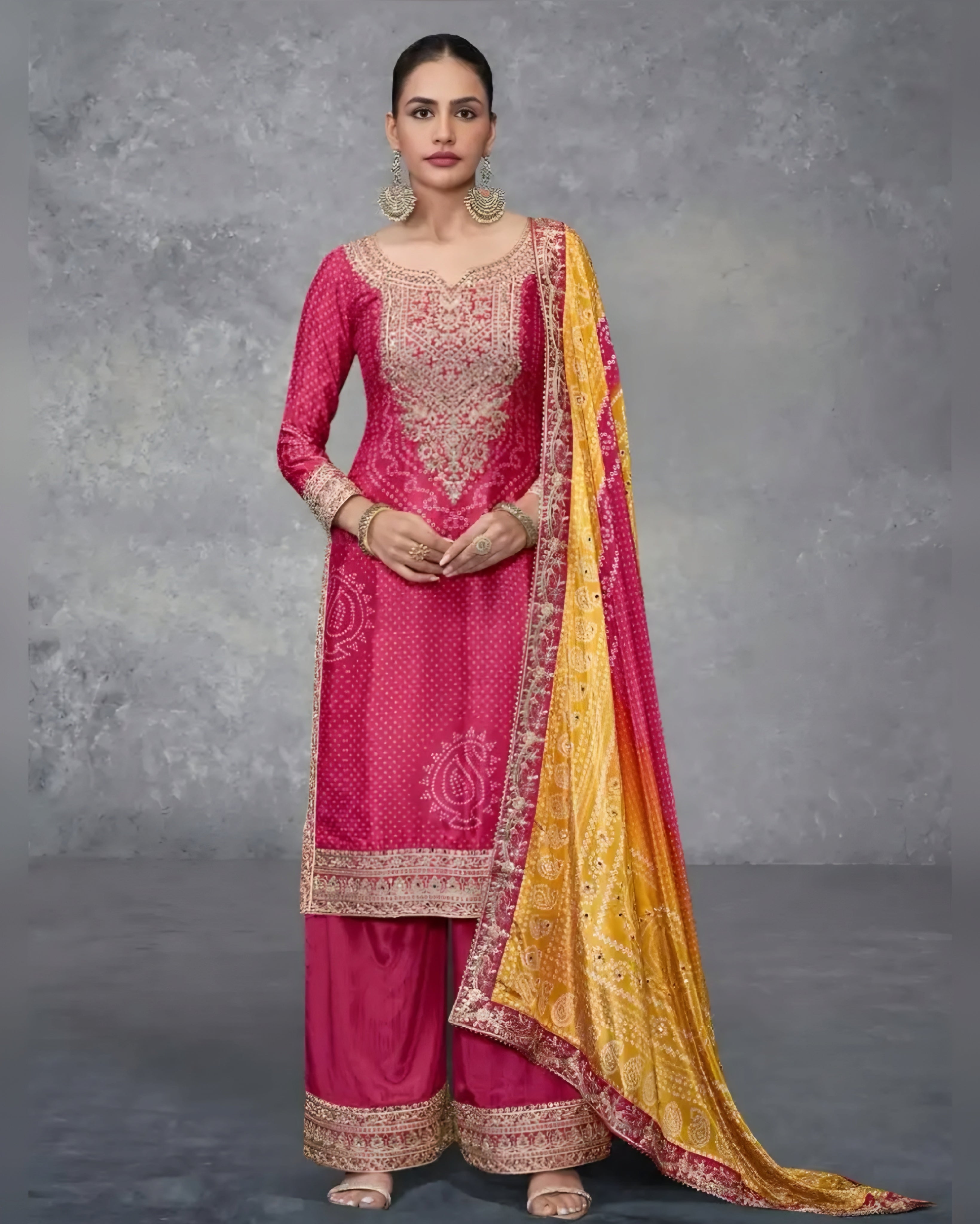 Pink Embroidered Sharara Suit with Lime Green Bandhani Dupatta | Sakhi Fashions Australia