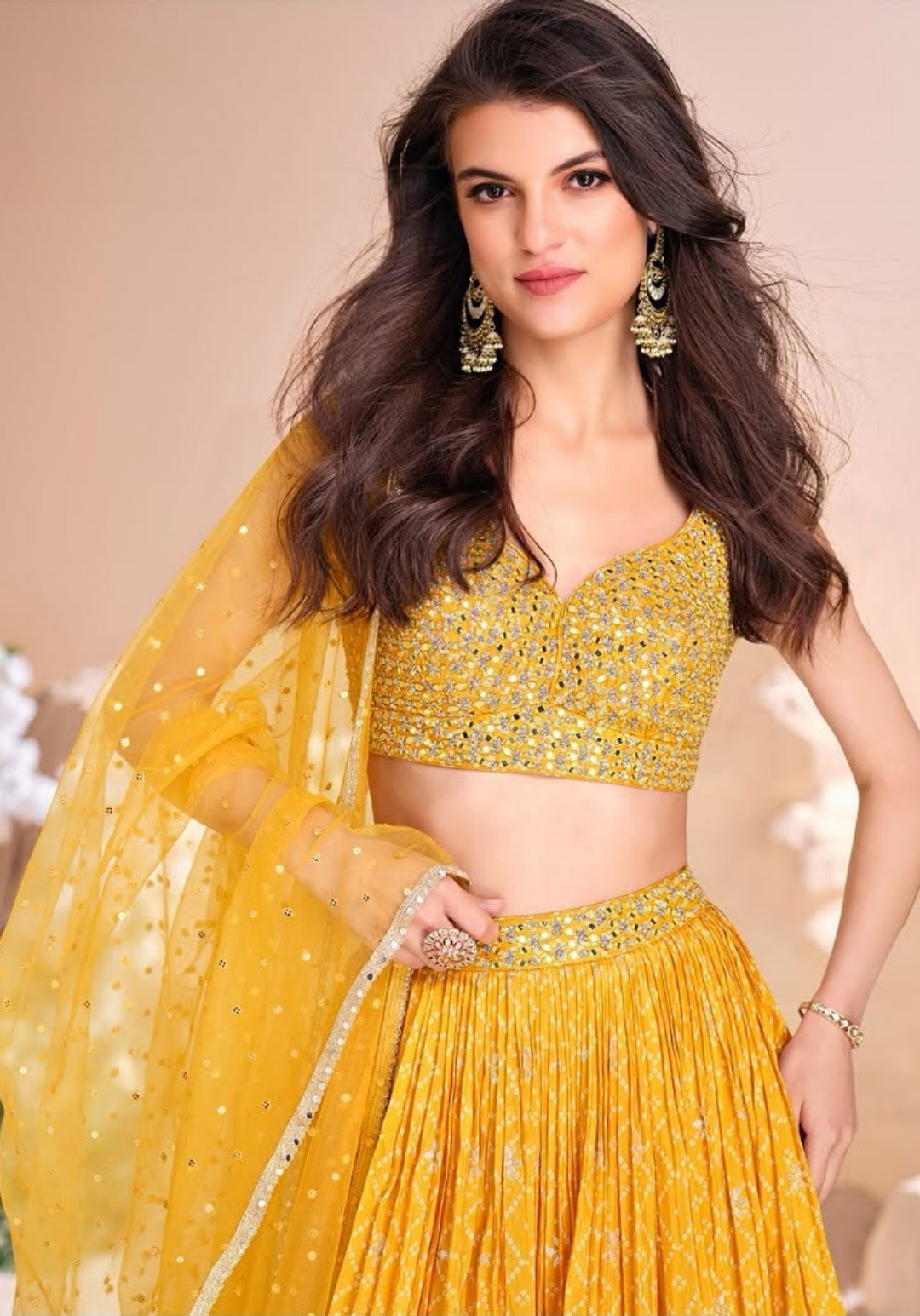 Mustard Yellow Mirror Work Lehenga Set with Net Dupatta
