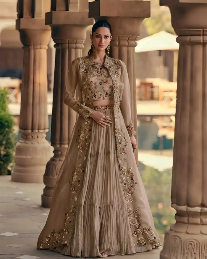 Elegant Beige Embroidered Long Jacket with Tiered Gown Set | Sakhi Fashions Perth