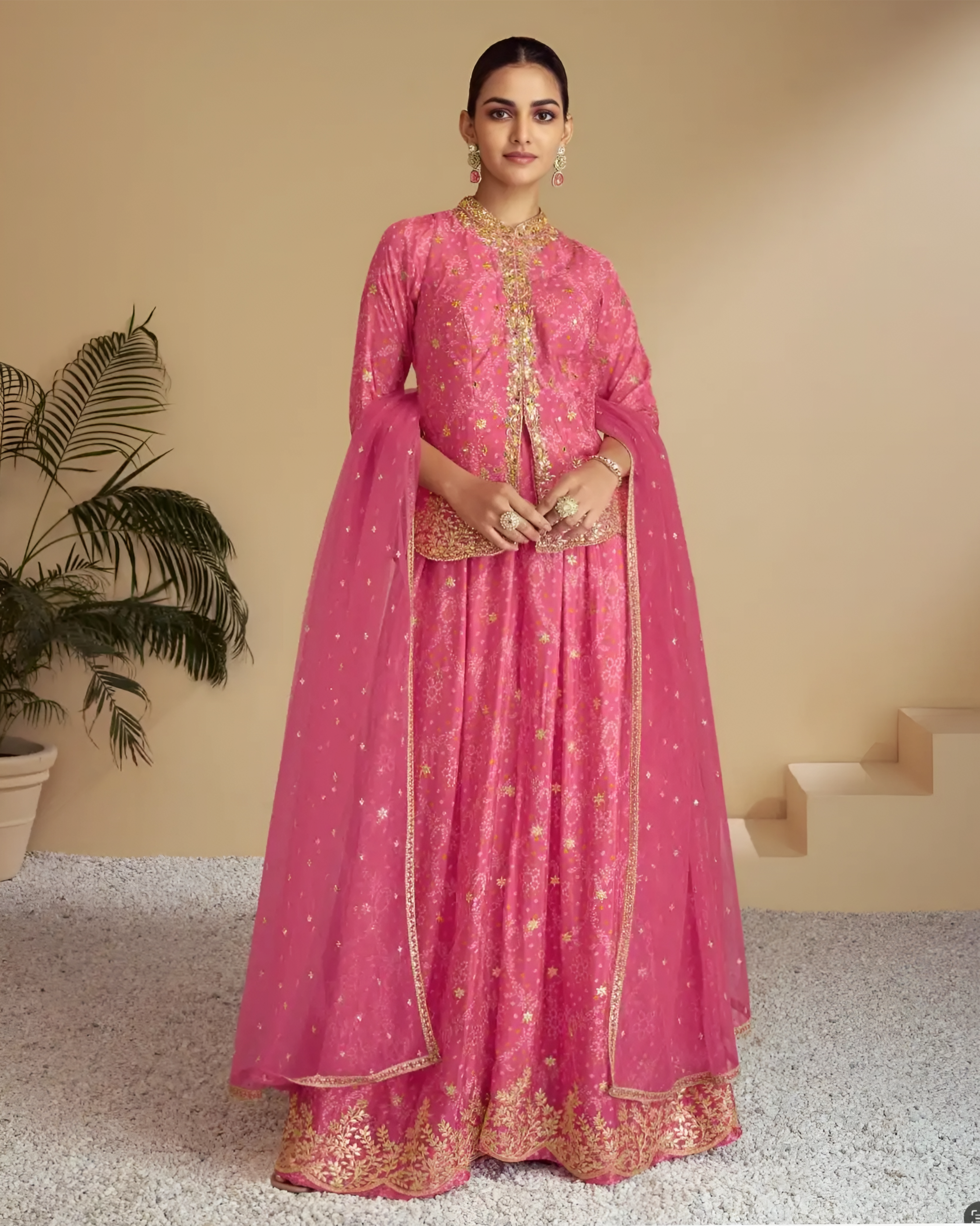 Elegant Pink Real Digital Chinon Embroidered Sharara Set with Dupatta